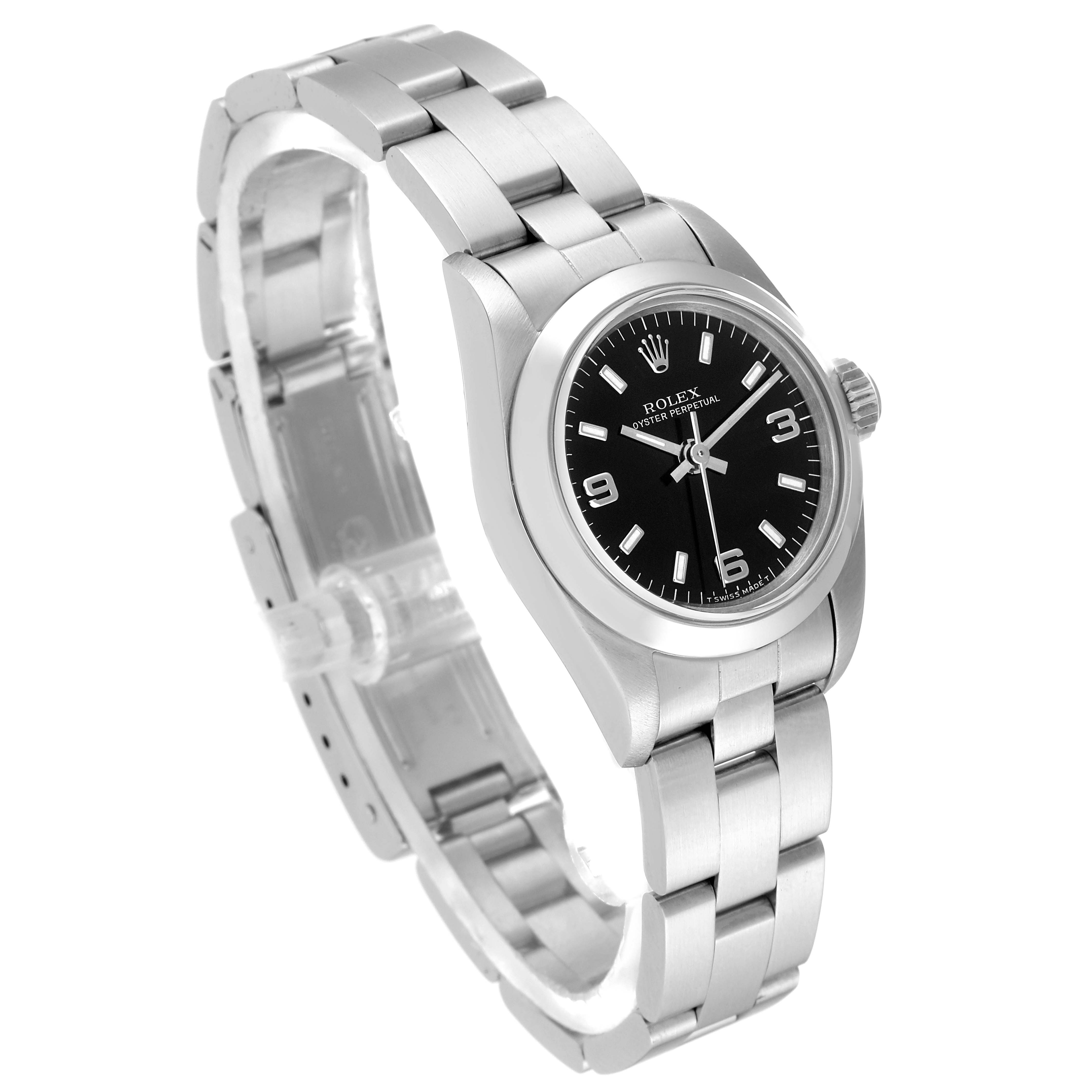 This image shows a front angle view of a Rolex Oyster Perpetual 67180 Women's Stainless Steel Black Dial 67180 Women's Stainless Steel Black Dial watch, highlighting its black dial and metal bracelet.