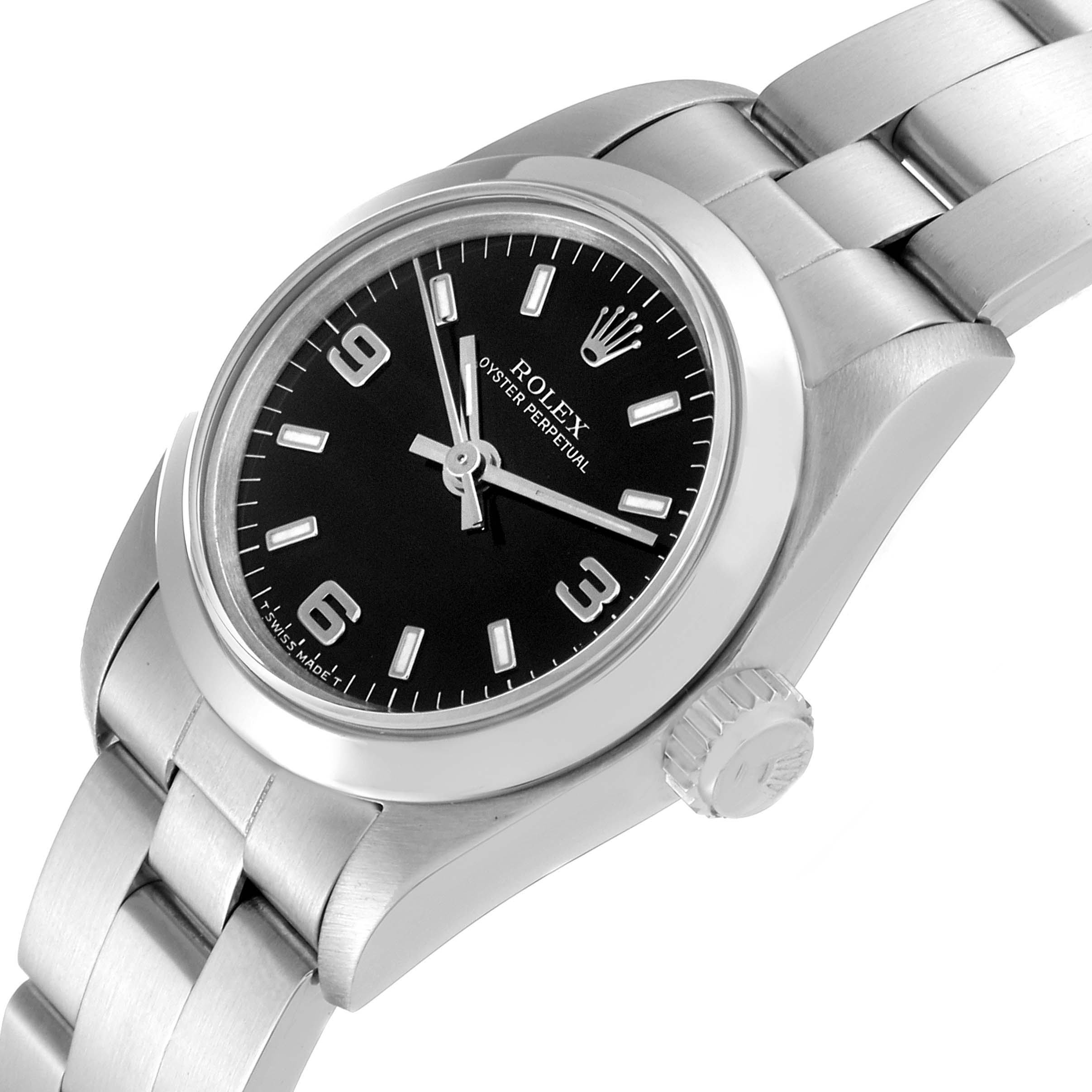 This image shows a side angle of the Rolex Oyster Perpetual 67180 Women's Stainless Steel Black Dial 67180 Women's Stainless Steel Black Dial watch, highlighting its black dial and stainless steel bracelet.