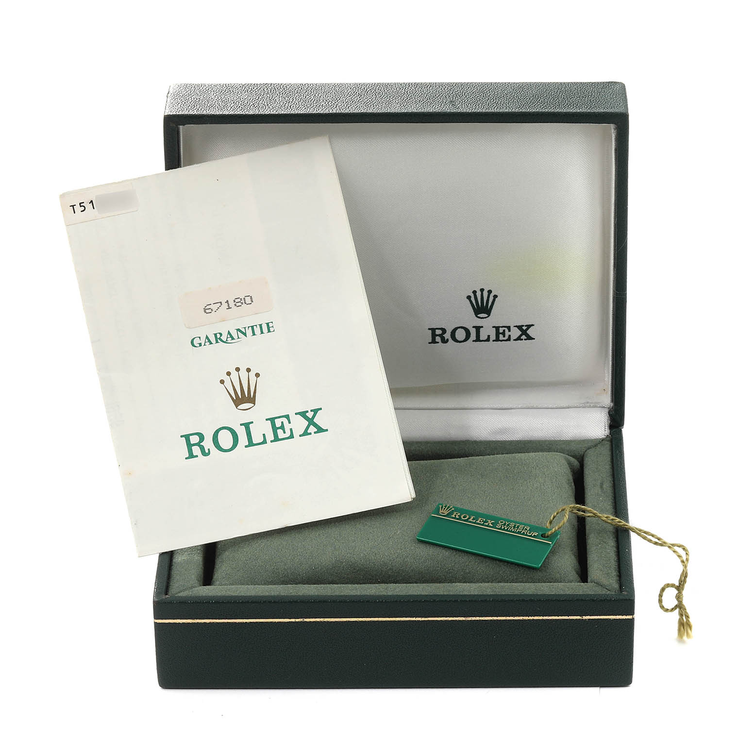 The image shows the box and warranty card of a Rolex Oyster Perpetual 67180 Women's Stainless Steel Black Dial 67180 Women's Stainless Steel Black Dial watch.