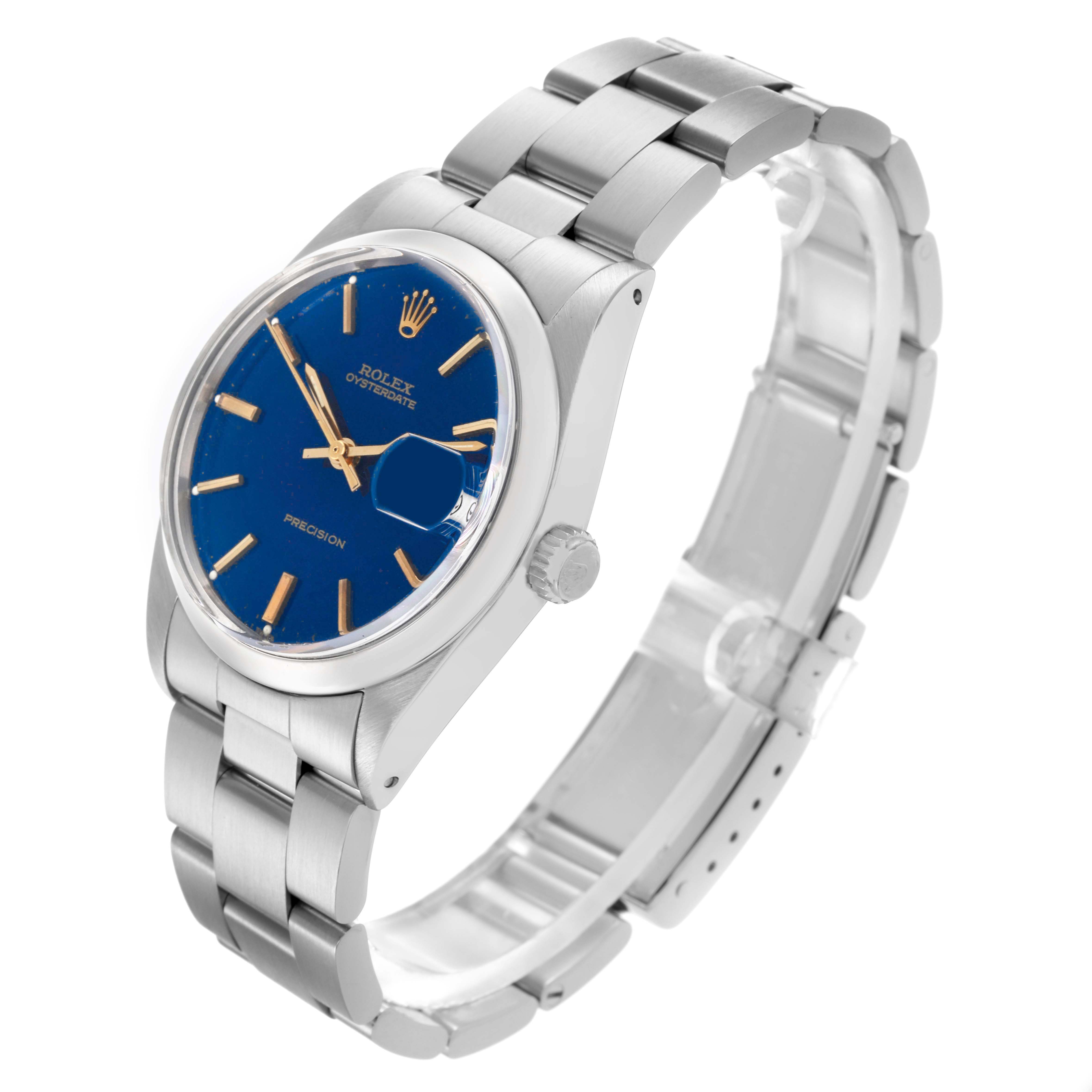 The Rolex Date 6694 Men's Stainless Steel Blue Dial 6694 Men's Stainless Steel Blue Dial watch is shown at an angled view, highlighting the blue dial, bezel, bracelet, and crown.