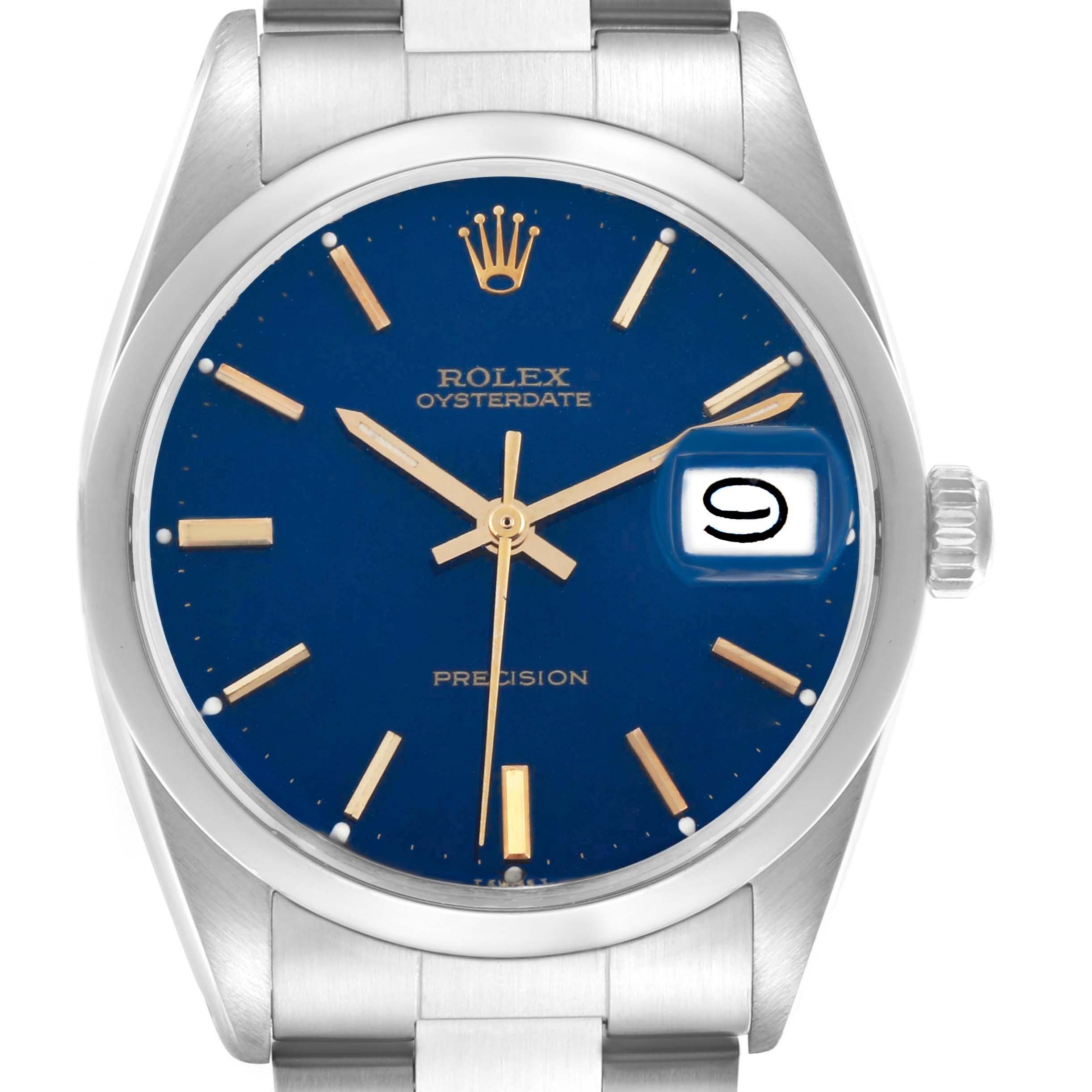 The image shows a front view of a Rolex Date 6694 Men's Stainless Steel Blue Dial 6694 Men's Stainless Steel Blue Dial model, displaying the dial, hands, and date magnifier.