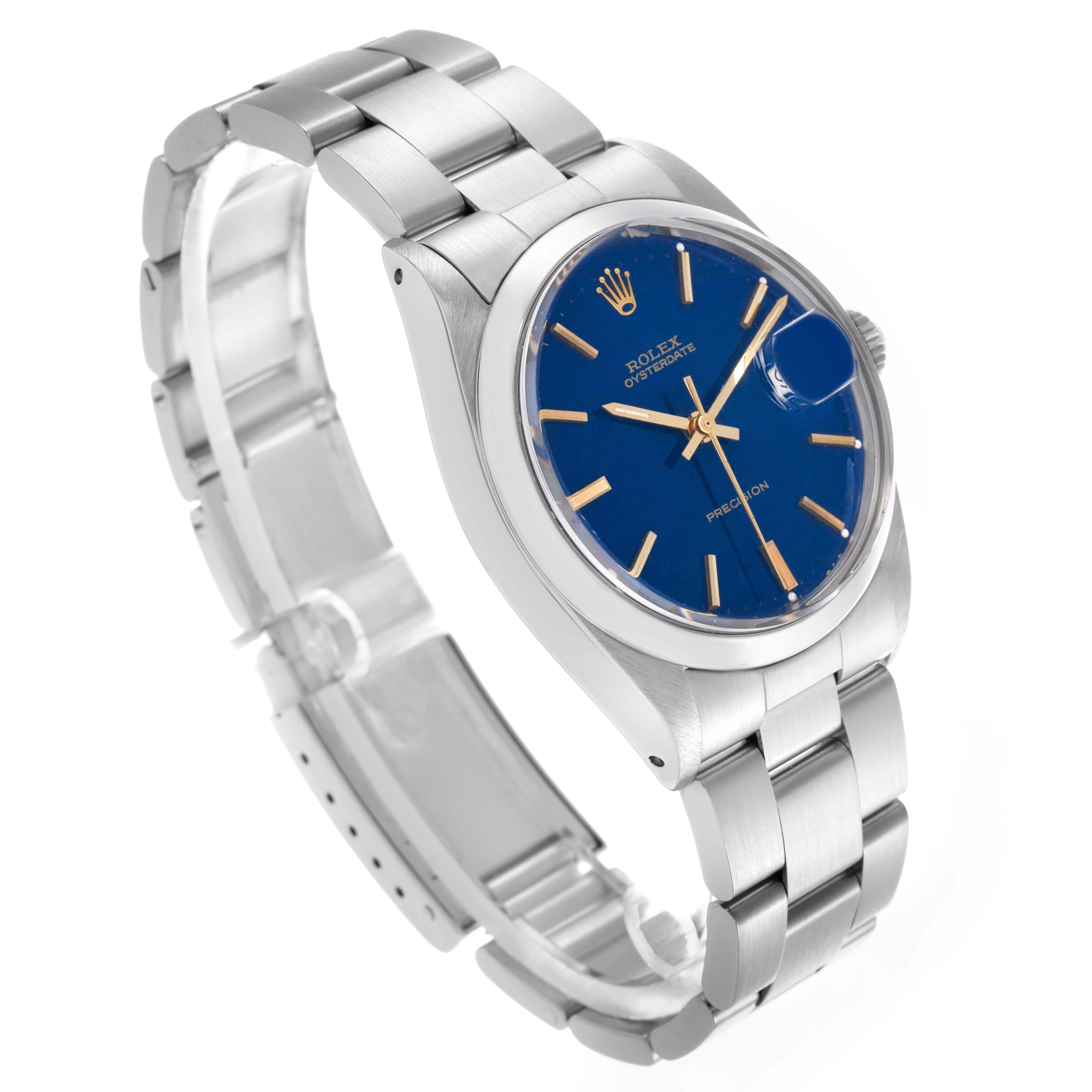 The Rolex Date 6694 Men's Stainless Steel Blue Dial 6694 Men's Stainless Steel Blue Dial model watch is shown at a three-quarter angle, displaying the face, bezel, crown, and bracelet.