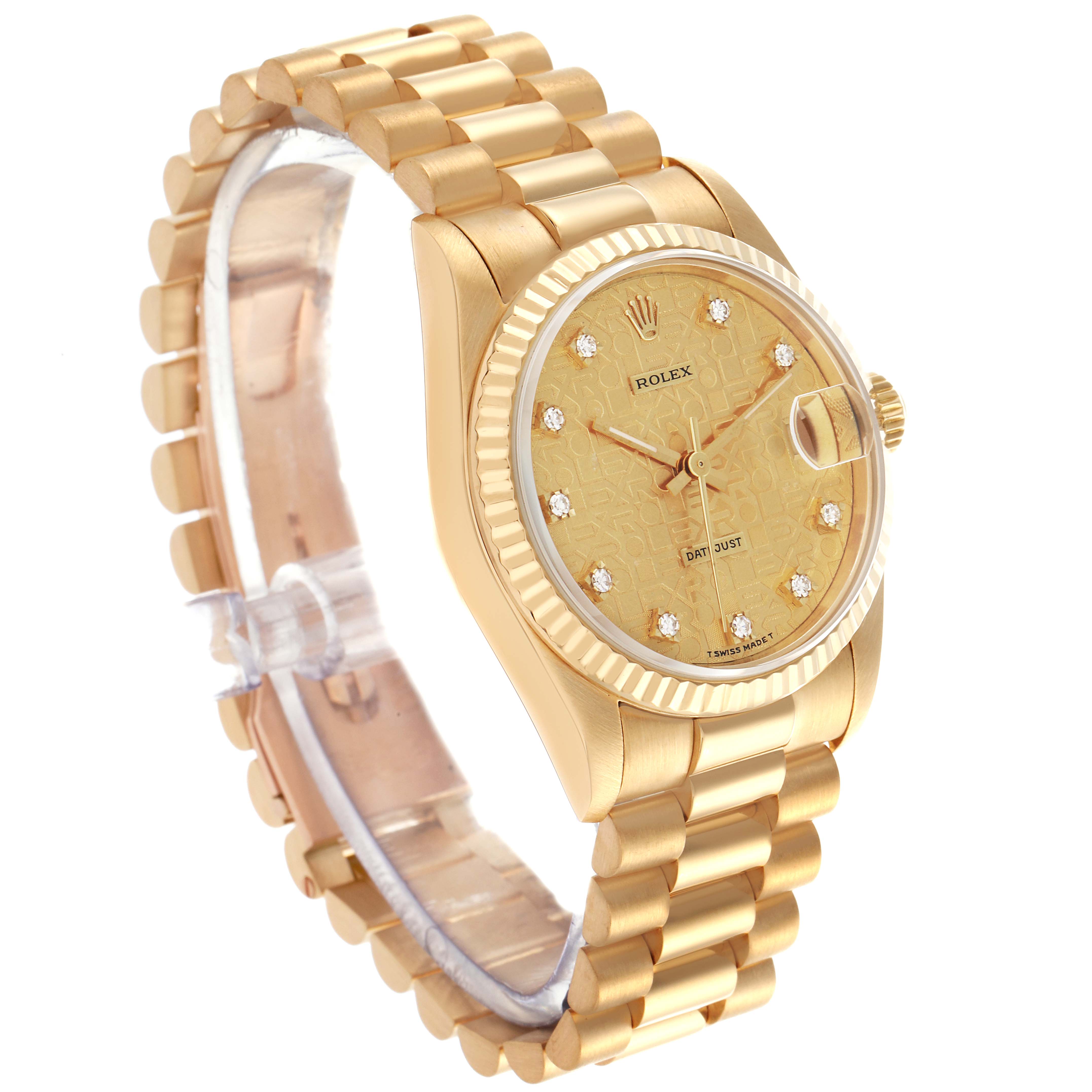 The Rolex Mid-Size watch is shown at a three-quarter angle, highlighting the gold dial, fluted bezel, and President bracelet.
