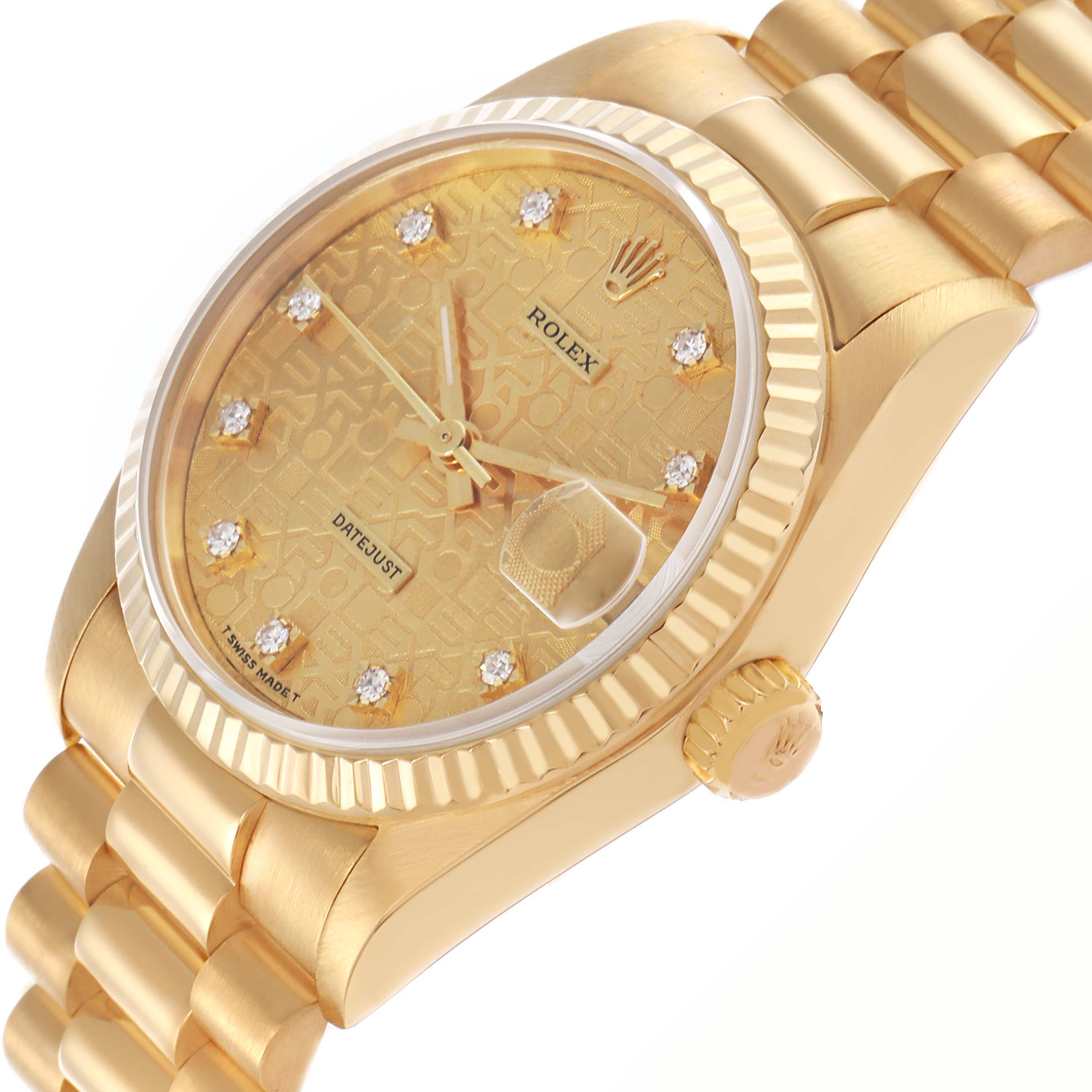 The Rolex Mid-Size watch is shown at a slight angle, revealing the dial, bezel, and bracelet.