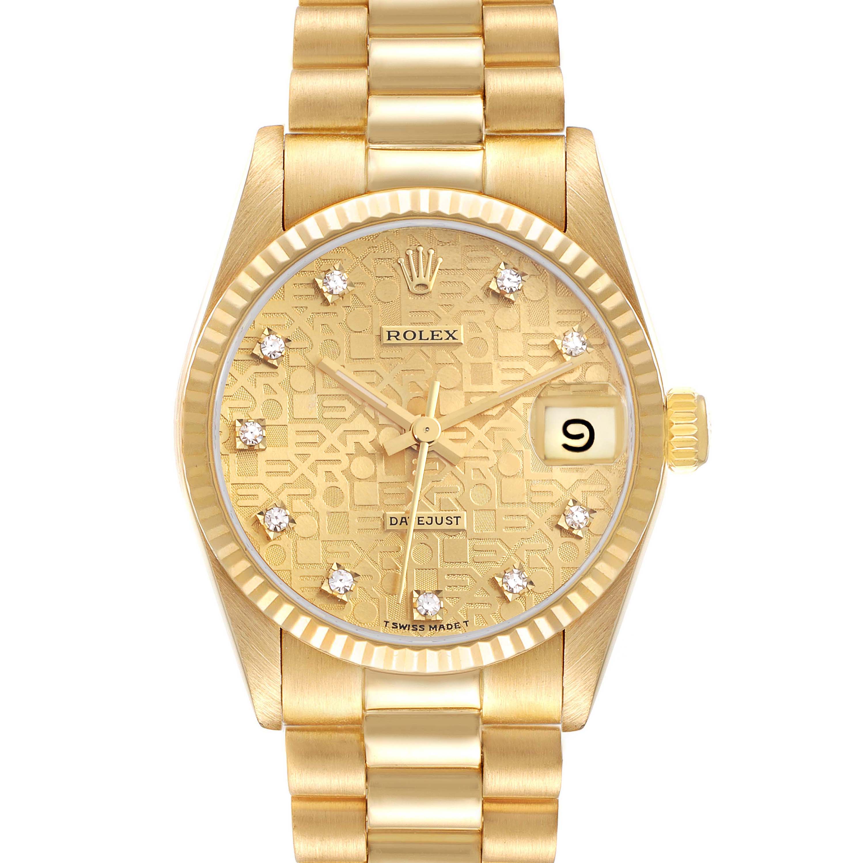 The Rolex Mid-Size watch is shown from a front angle, highlighting its gold dial, bezel, crown, and bracelet.