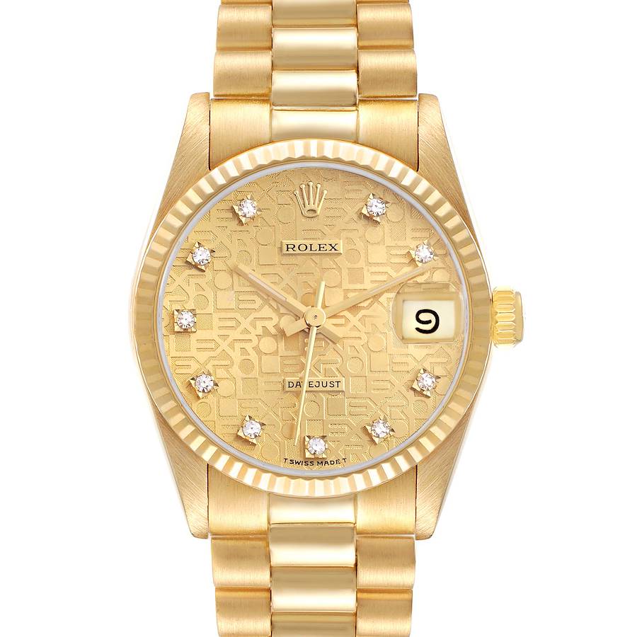 The Rolex Mid-Size watch is shown from a front angle, highlighting its gold dial, bezel, crown, and bracelet.