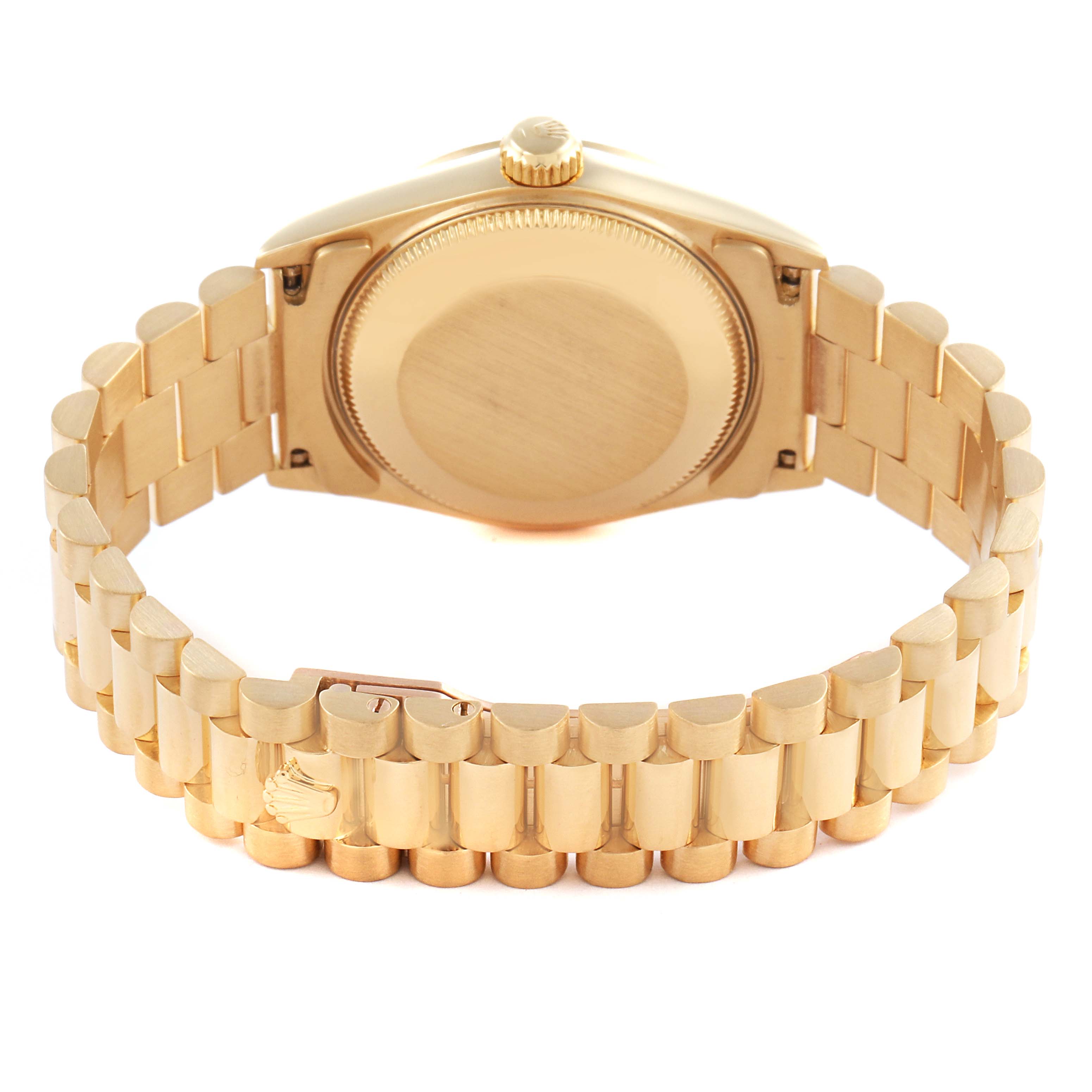 The image shows the back and bracelet of a Rolex Mid-Size watch, focusing on the clasp and case back.