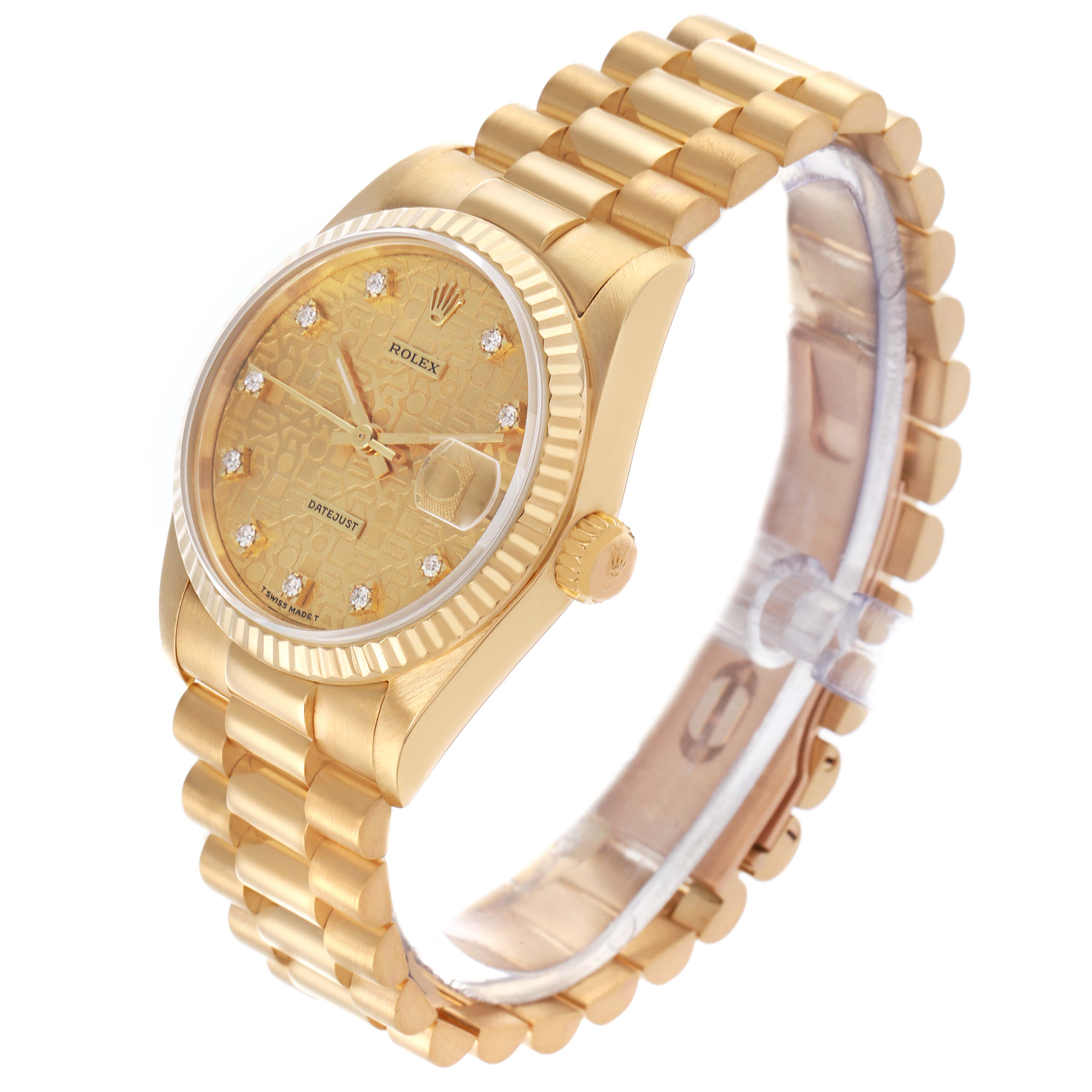 The Rolex Mid-Size watch is shown at a three-quarter angle, highlighting the face, crown, and bracelet.