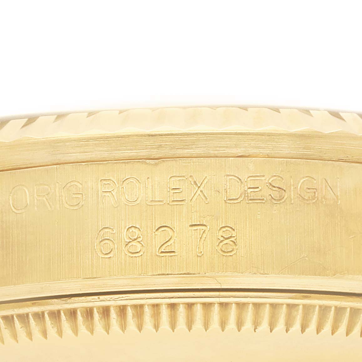 The image shows an engraved side view of a Rolex Mid-Size model with the inscription "68278" on the case edge.