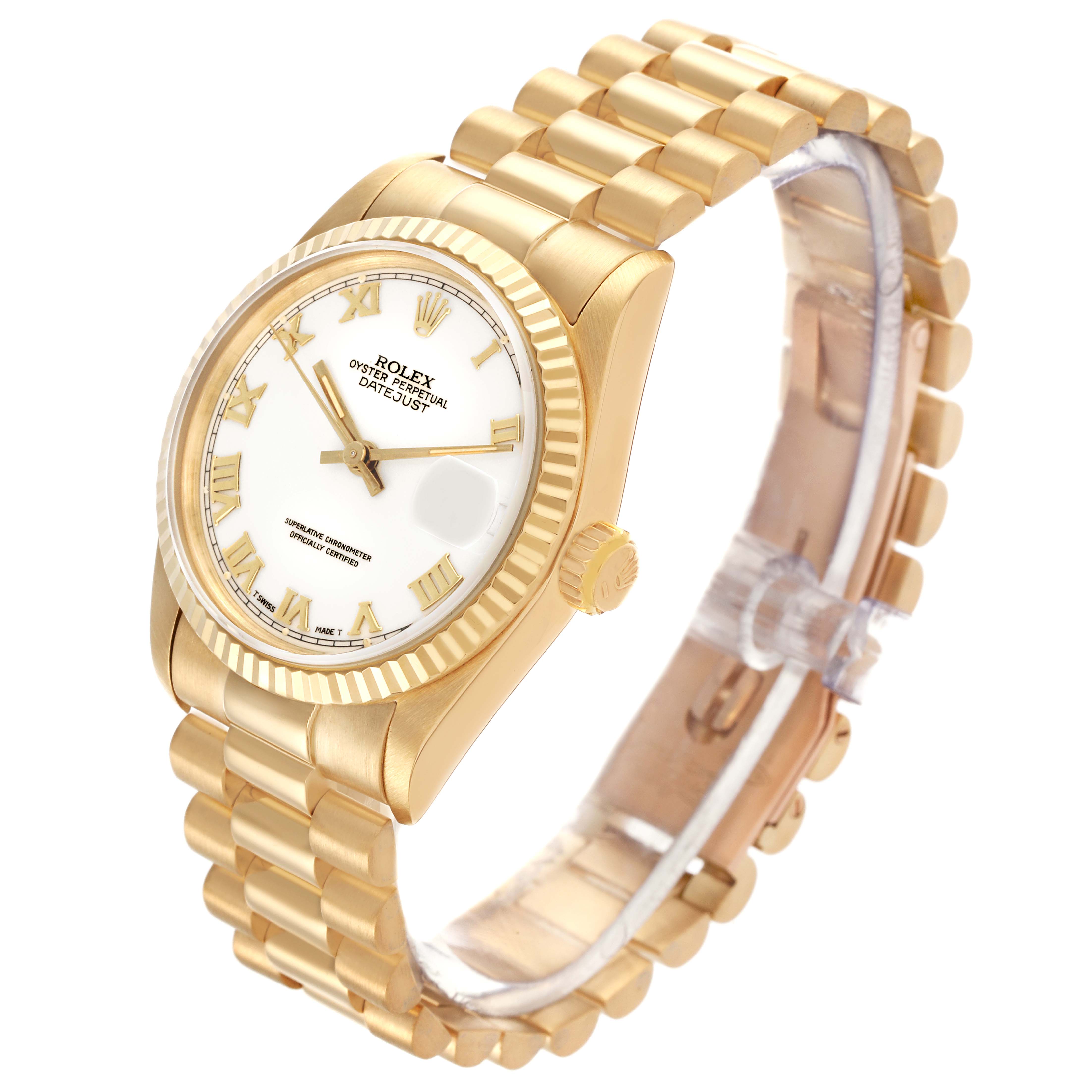 The Rolex Mid-Size watch is shown at a three-quarter angle, highlighting its gold case, fluted bezel, bracelet, and white dial with Roman numerals.