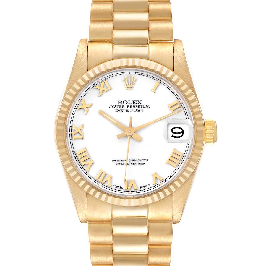 The Rolex Mid-Size Datejust watch is shown from a top-down angle, displaying the face, bezel, and bracelet.