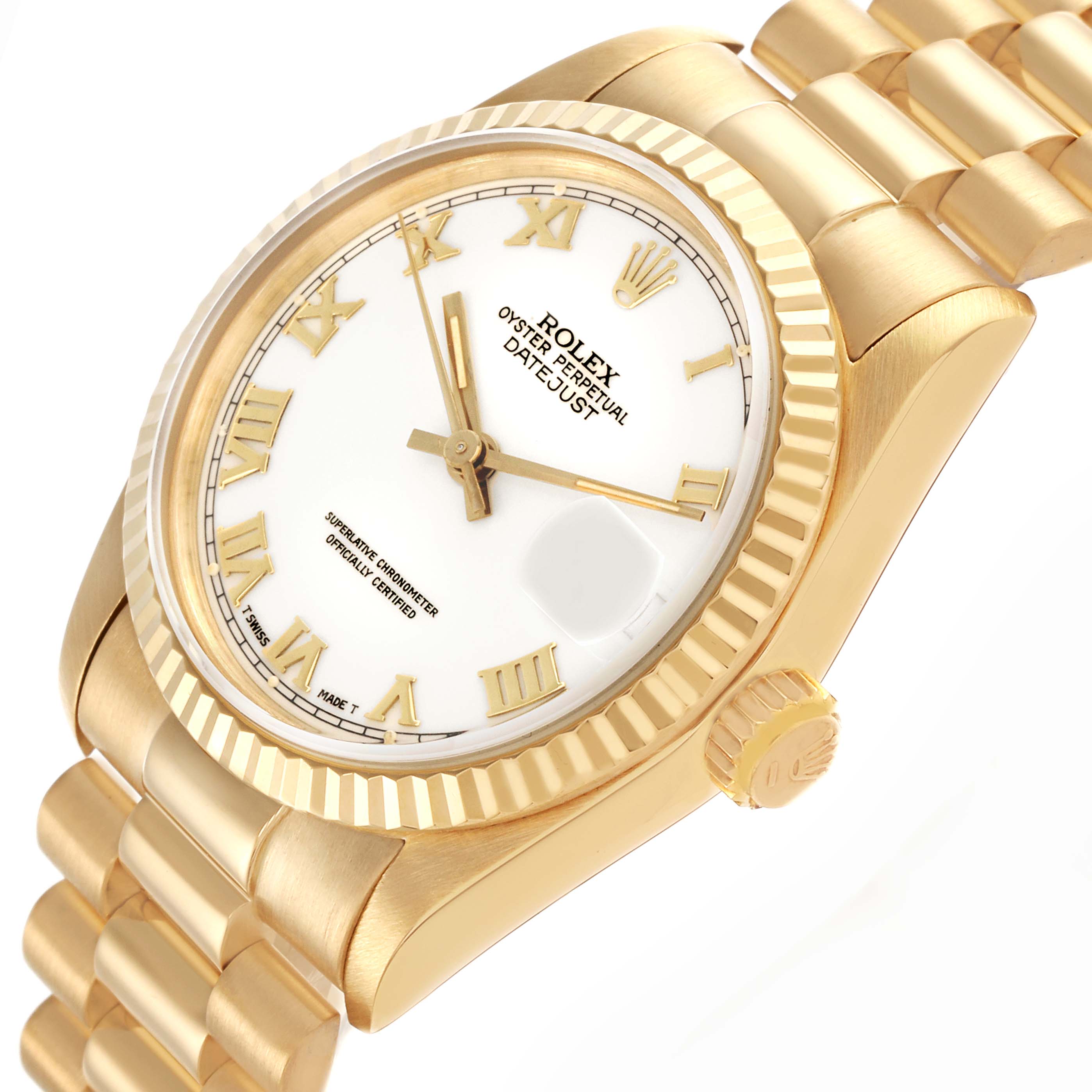 The Rolex watch is shown at an angled side view, highlighting the bezel, crown, and part of the bracelet.