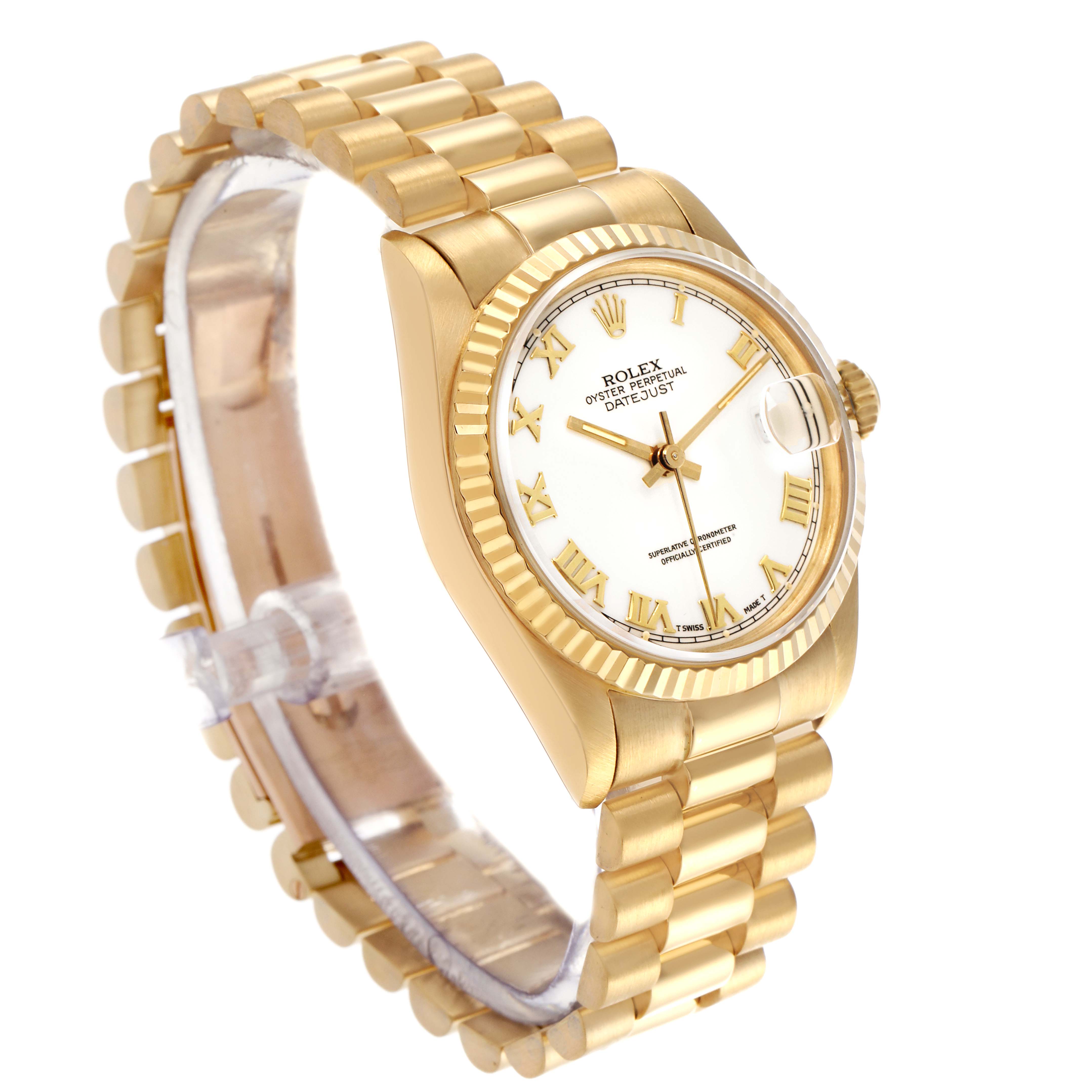 The Rolex Mid-Size watch is shown at a slight angle highlighting the dial, gold fluted bezel, and bracelet.