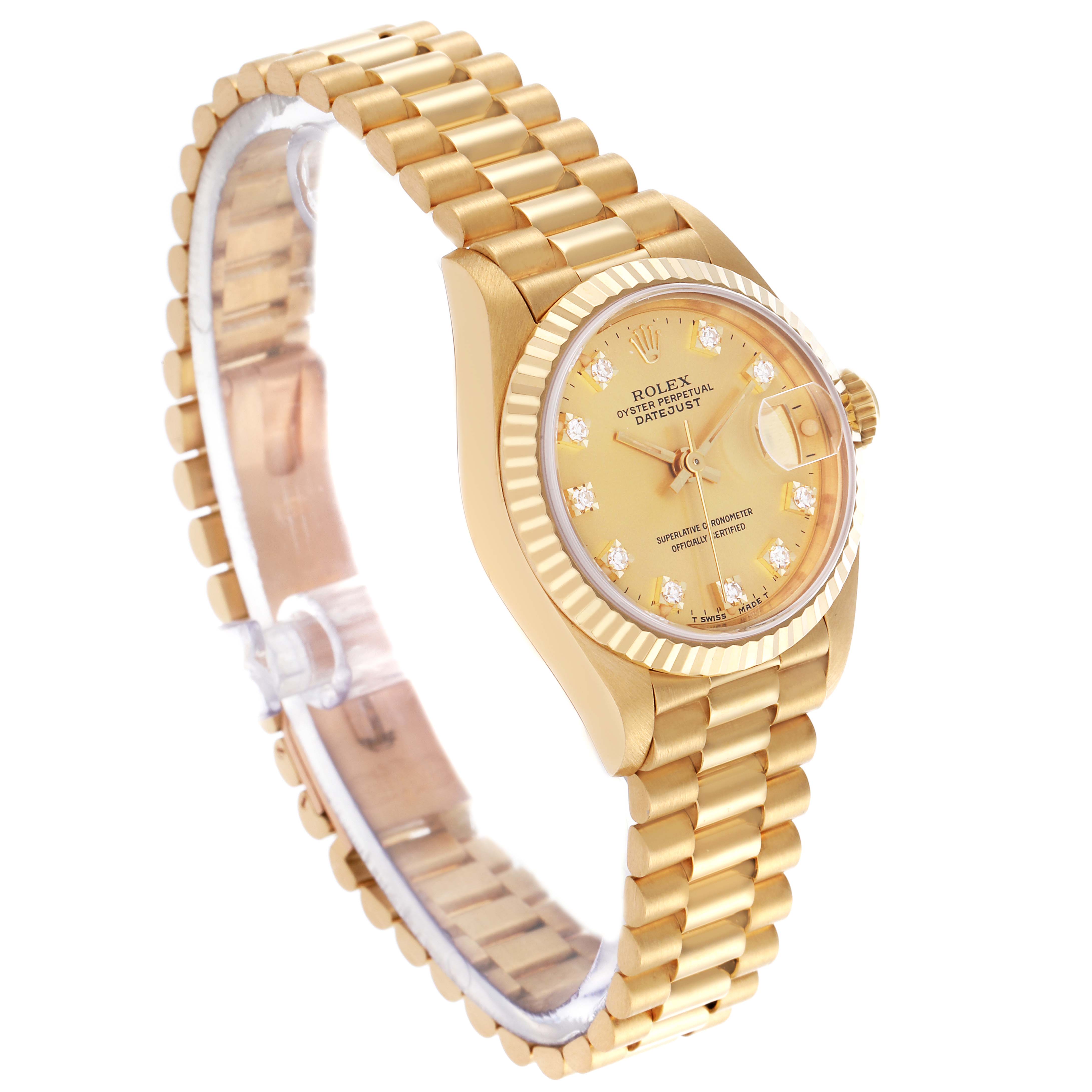 The Rolex President 69178 Women's Yellow Gold Champagne Dial 69178 Women's Yellow Gold Champagne Dial model is shown at a three-quarter angle, displaying the bracelet, watch face, and date window.