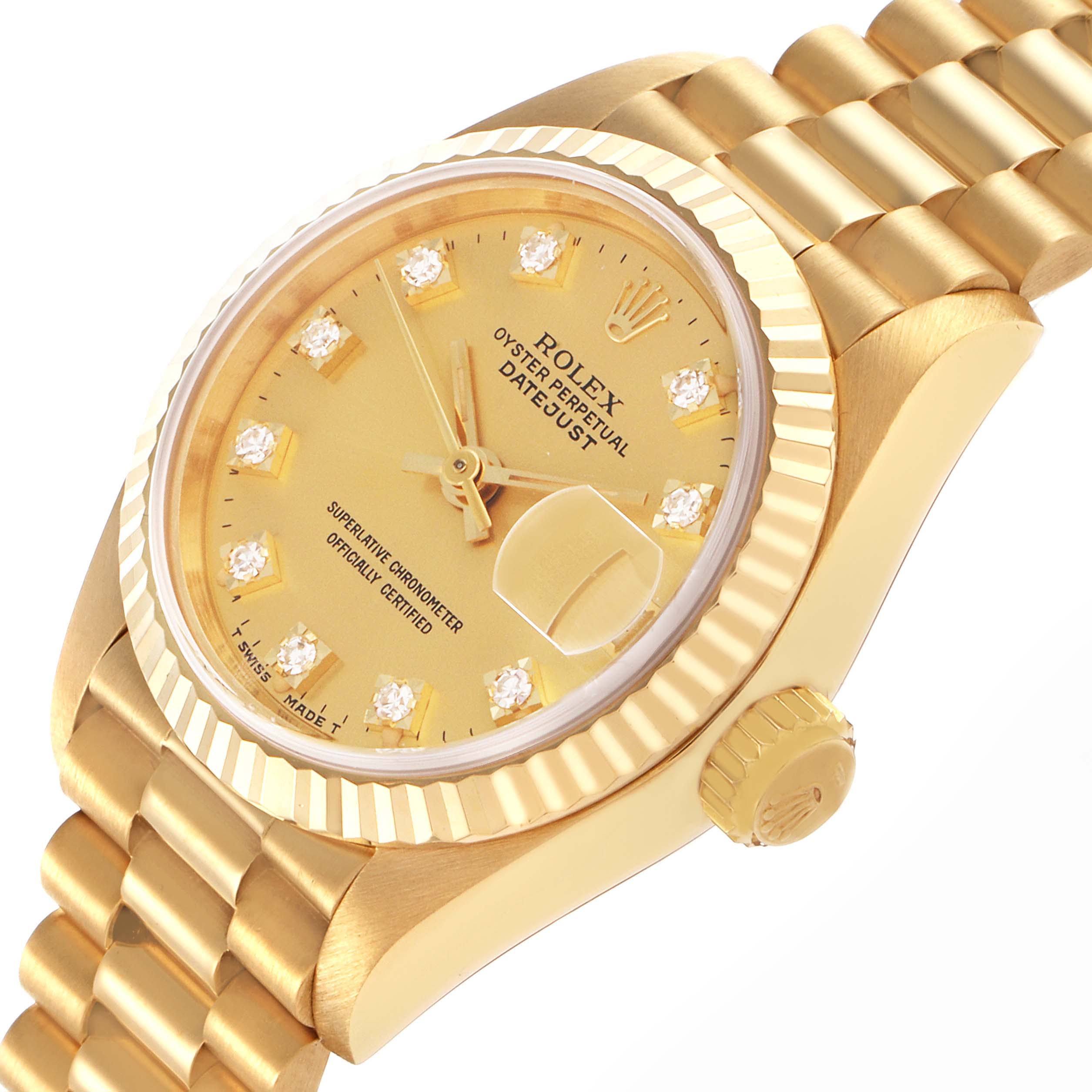The Rolex President 69178 Women's Yellow Gold Champagne Dial 69178 Women's Yellow Gold Champagne Dial watch is viewed at an angle showing the dial, fluted bezel, crown, and part of the gold bracelet.