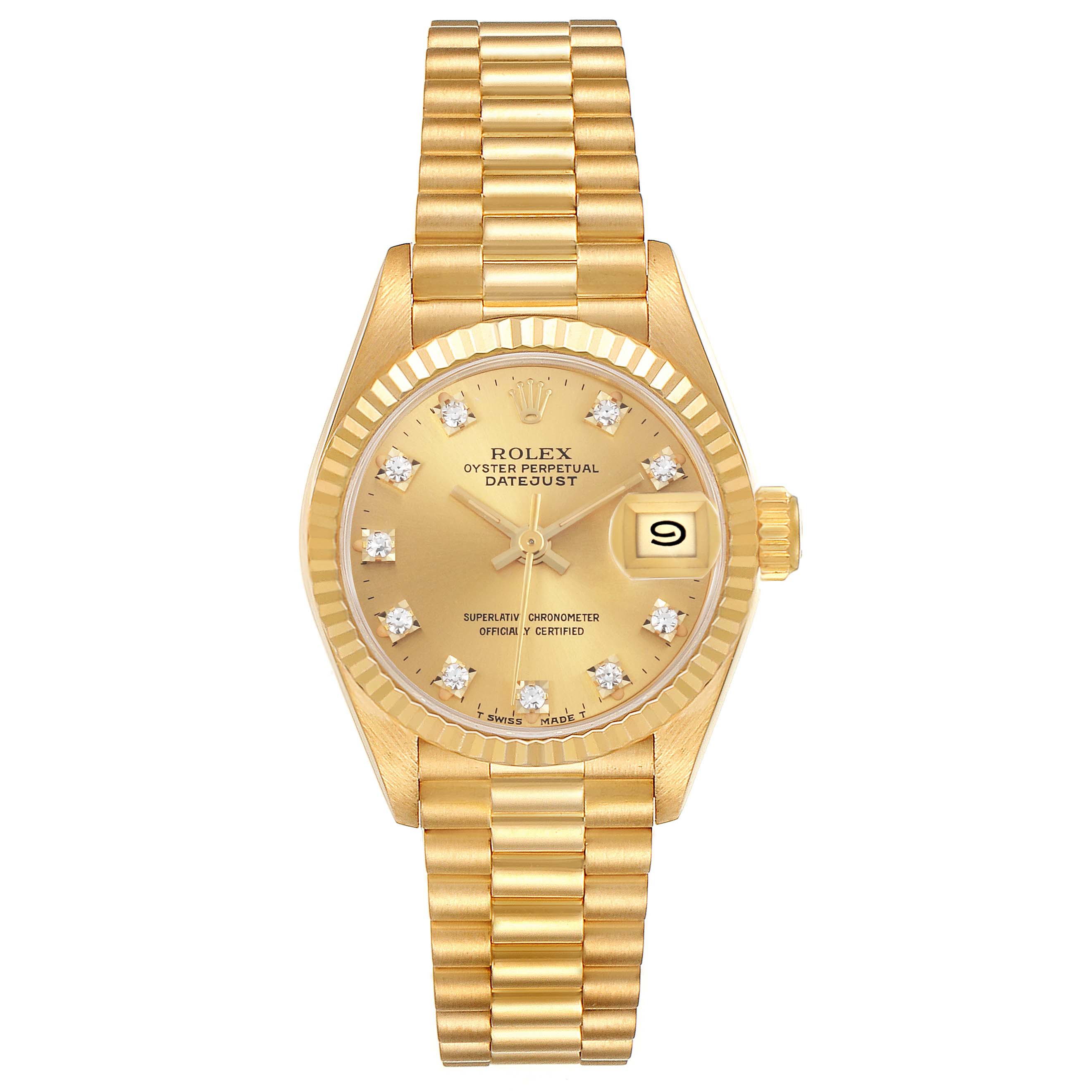 The Rolex President 69178 Women's Yellow Gold Champagne Dial 69178 Women's Yellow Gold Champagne Dial model watch is shown from a top-down angle, displaying the dial, bezel, and bracelet.
