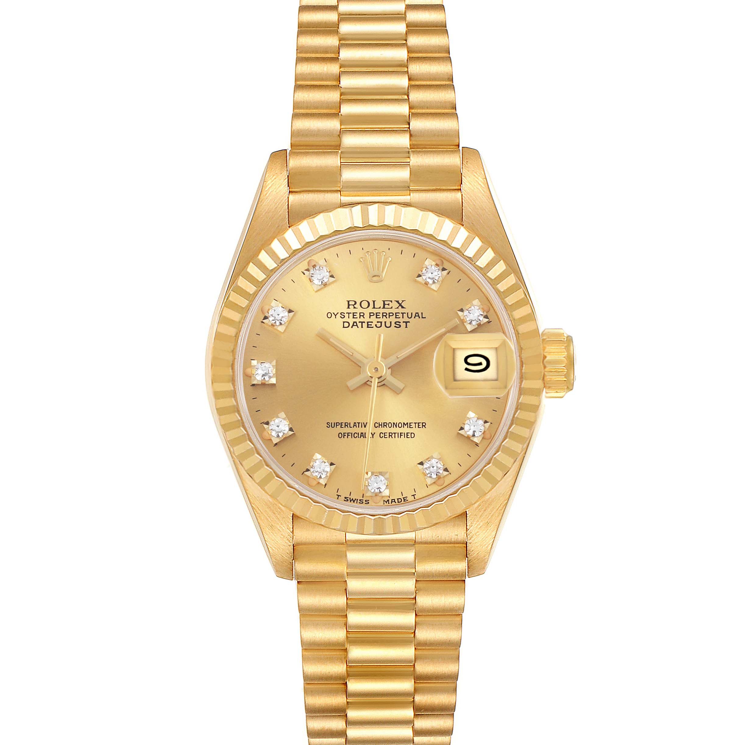 The Rolex President 69178 Women's Yellow Gold Champagne Dial 69178 Women's Yellow Gold Champagne Dial model is shown from a top view, highlighting its dial, fluted bezel, and President bracelet.