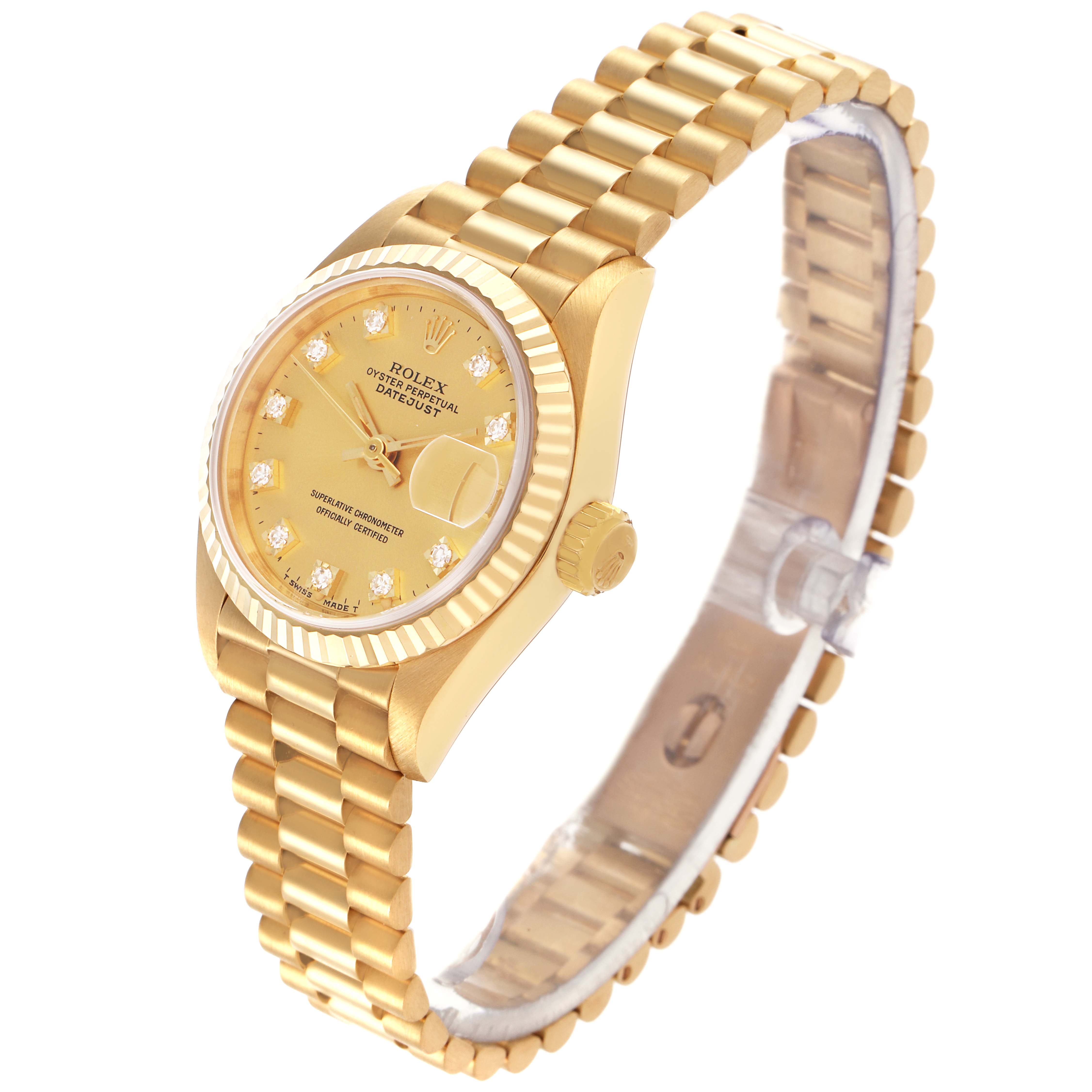The Rolex President 69178 Women's Yellow Gold Champagne Dial 69178 Women's Yellow Gold Champagne Dial model is shown at an angled view, highlighting the gold bracelet, fluted bezel, and diamond-accented dial.