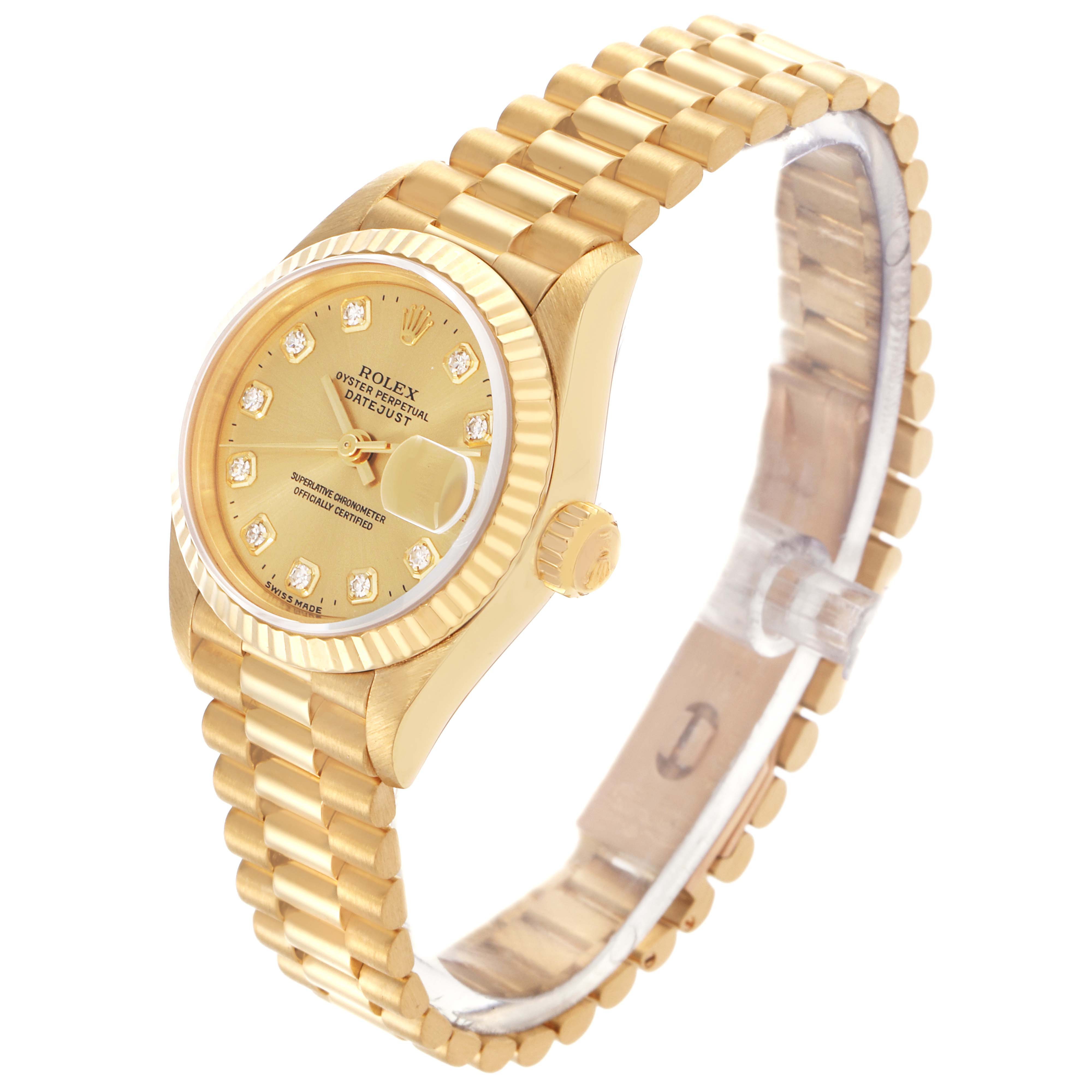 The Rolex President 69178 Women's Yellow Gold Champagne Dial 69178 Women's Yellow Gold Champagne Dial watch is shown at a three-quarter angle, displaying the face, fluted bezel, crown, and bracelet.