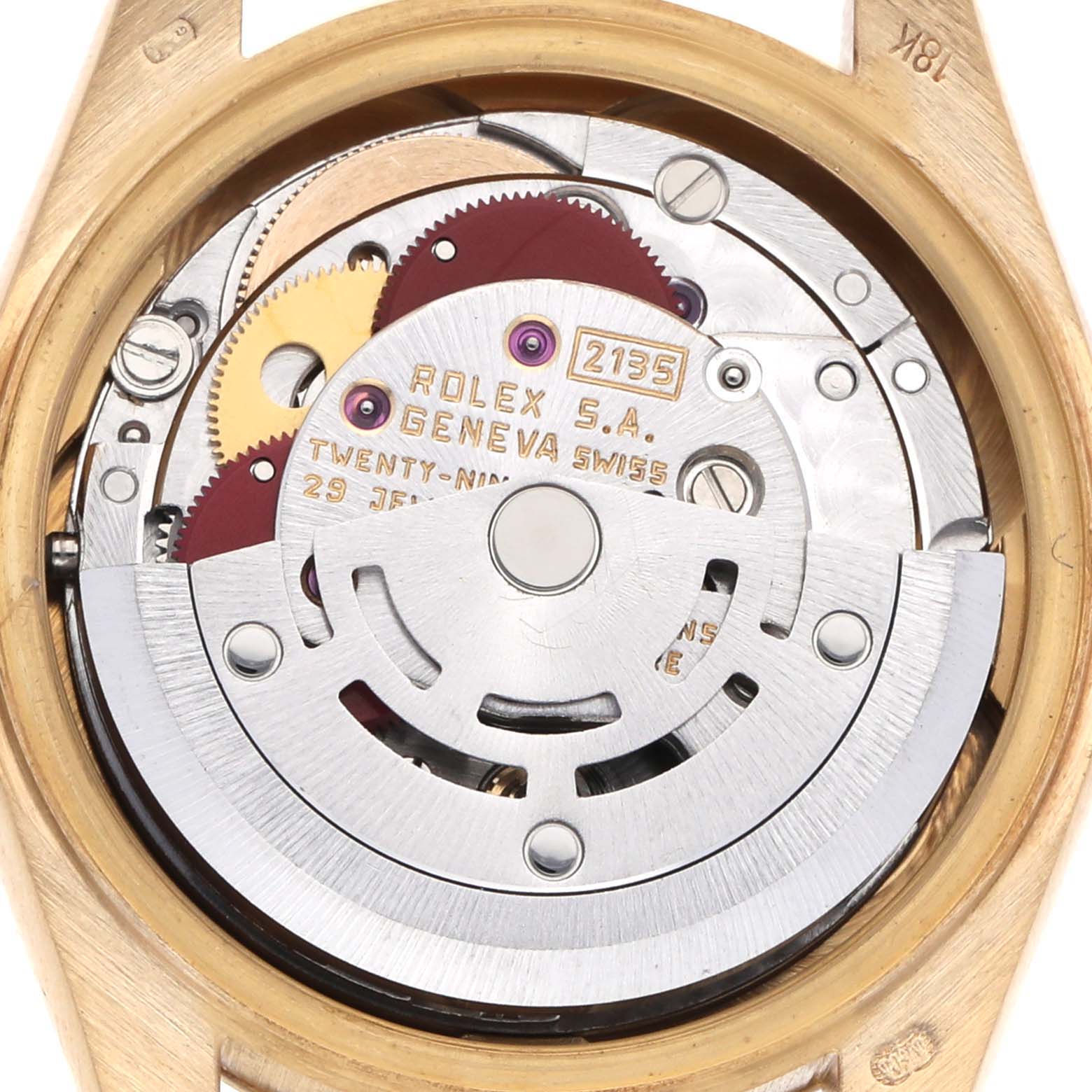 The image shows the internal mechanical movement of a Rolex President 69178 Women's Yellow Gold Champagne Dial 69178 Women's Yellow Gold Champagne Dial model watch from a top-down angle.