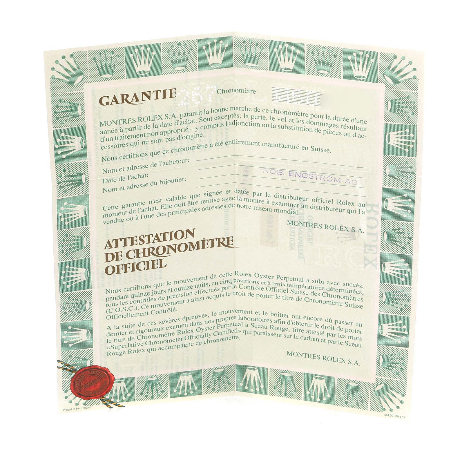 The image shows a warranty certificate for a Rolex President 69178 Women's Yellow Gold Champagne Dial 69178 Women's Yellow Gold Champagne Dial model, displaying text and logos from an overhead angle.