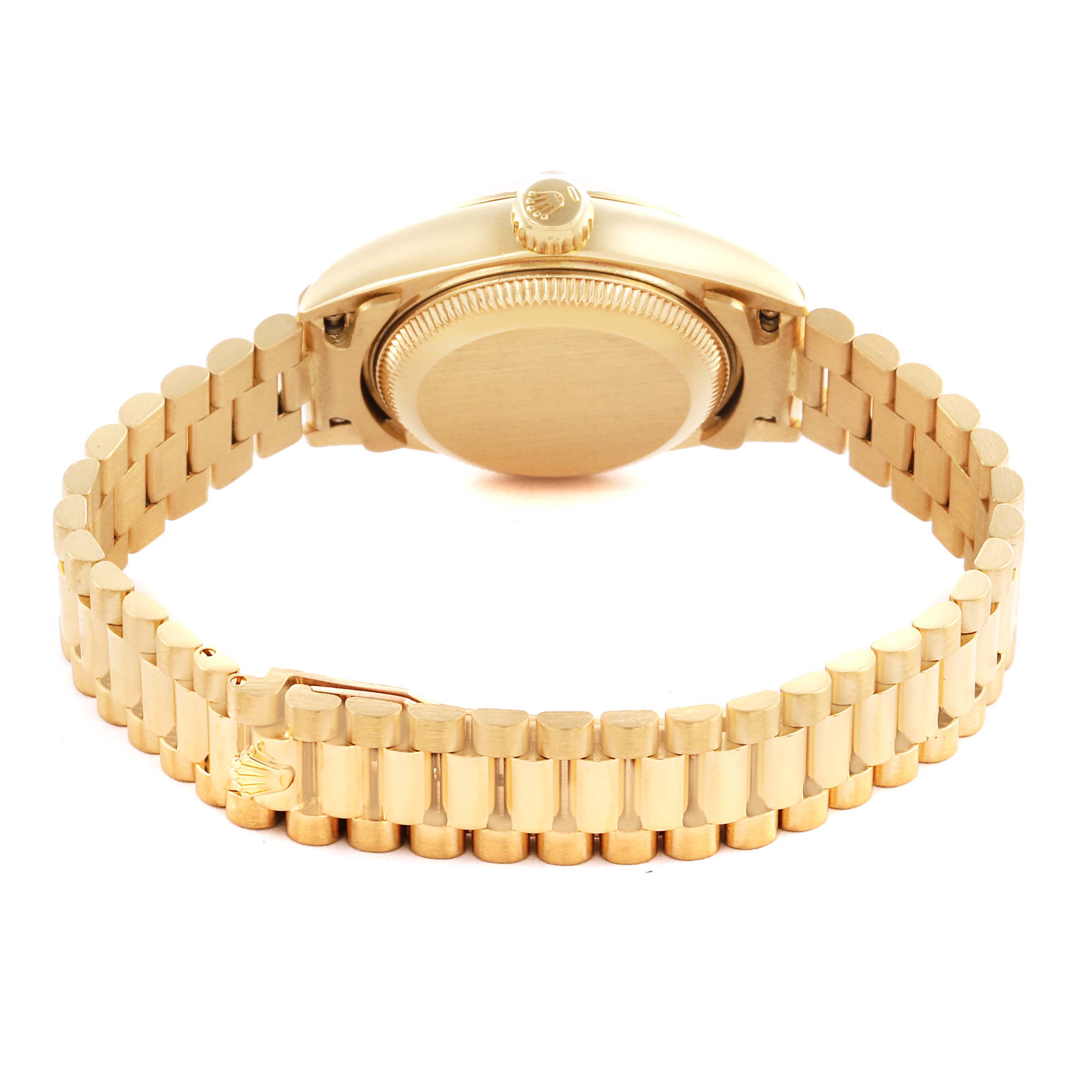 The Rolex President 69178 Women's Yellow Gold Champagne Dial 69178 Women's Yellow Gold Champagne Dial model is shown from the back angle, highlighting its gold case, crown, and bracelet.