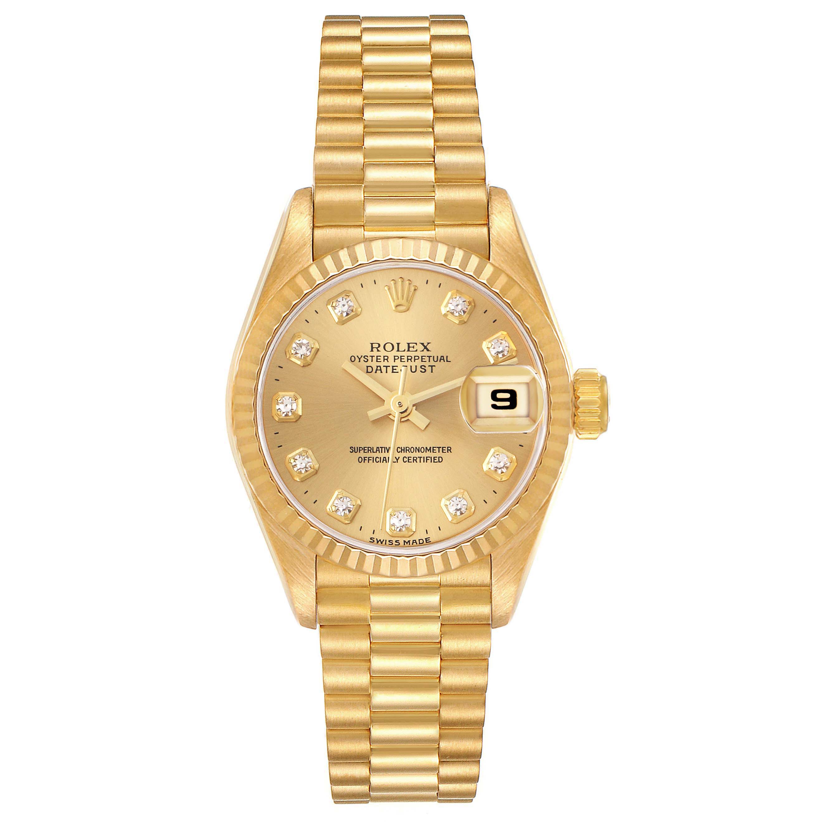 The Rolex President 69178 Women's Yellow Gold Champagne Dial 69178 Women's Yellow Gold Champagne Dial model watch is shown from the front, displaying the dial, bezel, bracelet, and the date feature.