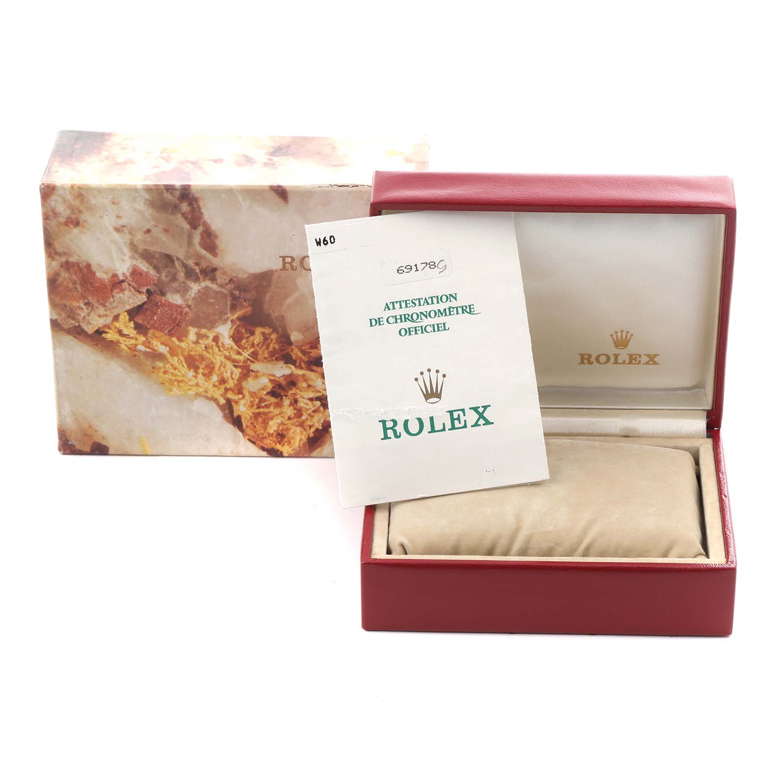 The image shows the packaging, an official document, and box for a Rolex President 69178 Women's Yellow Gold Champagne Dial 69178 Women's Yellow Gold Champagne Dial watch, with the box open to reveal the interior.