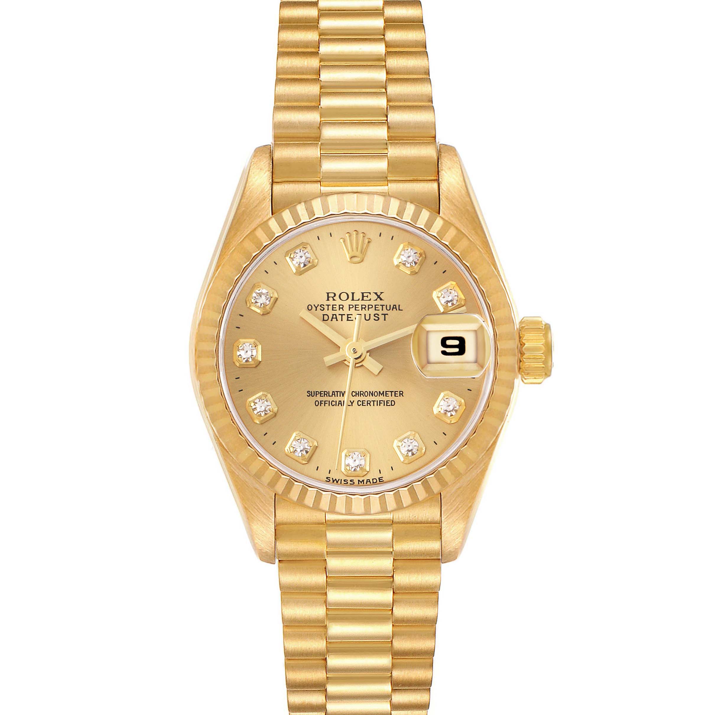 The Rolex President 69178 Women's Yellow Gold Champagne Dial 69178 Women's Yellow Gold Champagne Dial model watch is shown from a top view, displaying the gold case, diamond markers, dial, and President bracelet.