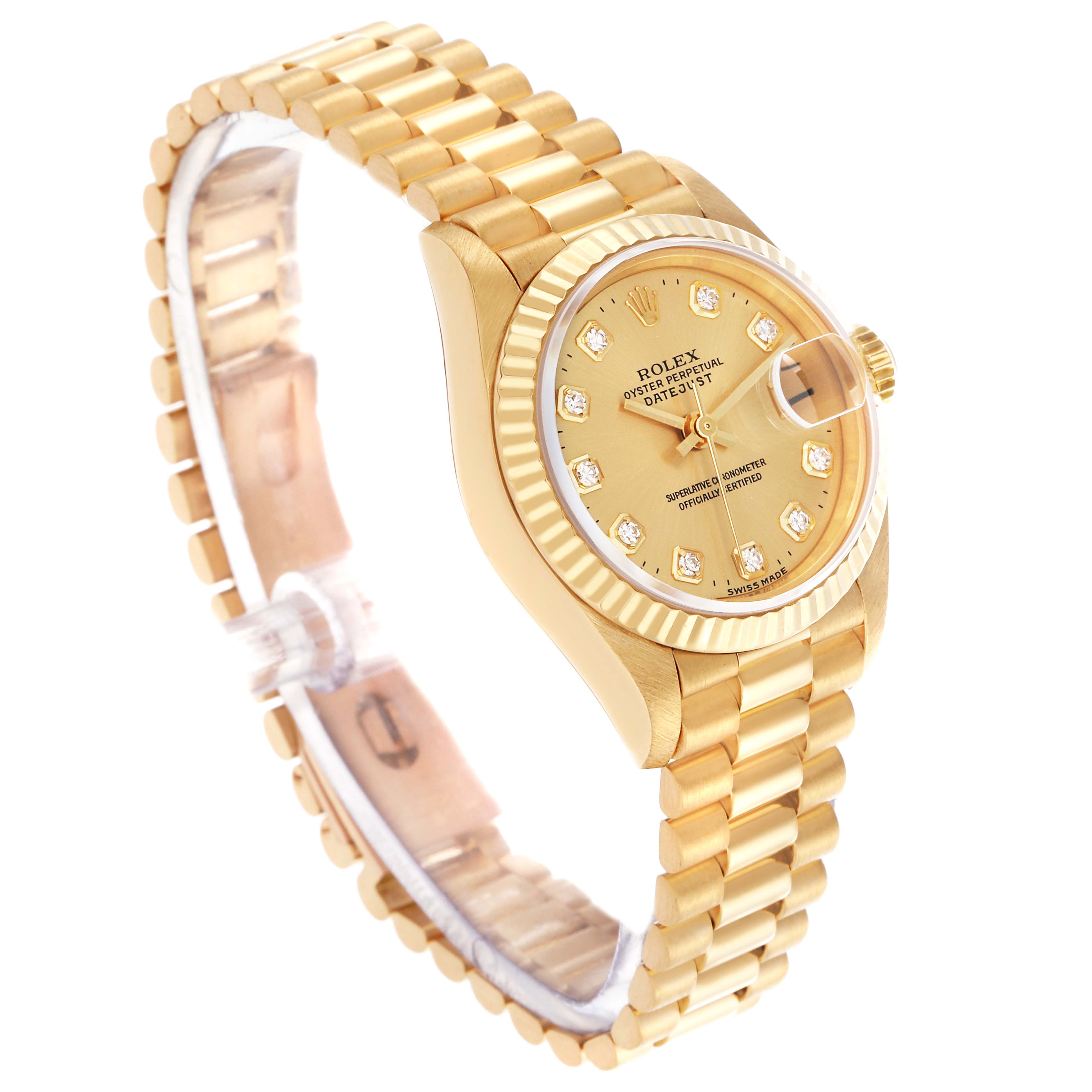 The Rolex President 69178 Women's Yellow Gold Champagne Dial 69178 Women's Yellow Gold Champagne Dial watch is shown at a slight angle, highlighting the face, bracelet, and crown.