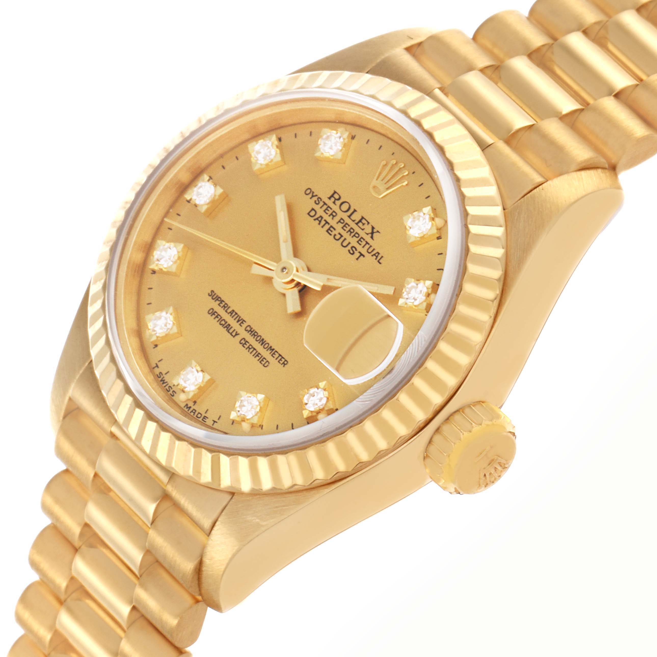 The Rolex President 69178 Women's Yellow Gold Champagne Dial 69178 Women's Yellow Gold Champagne Dial model is shown at a slight angle, highlighting the gold dial, diamond hour markers, fluted bezel, and part of the bracelet.