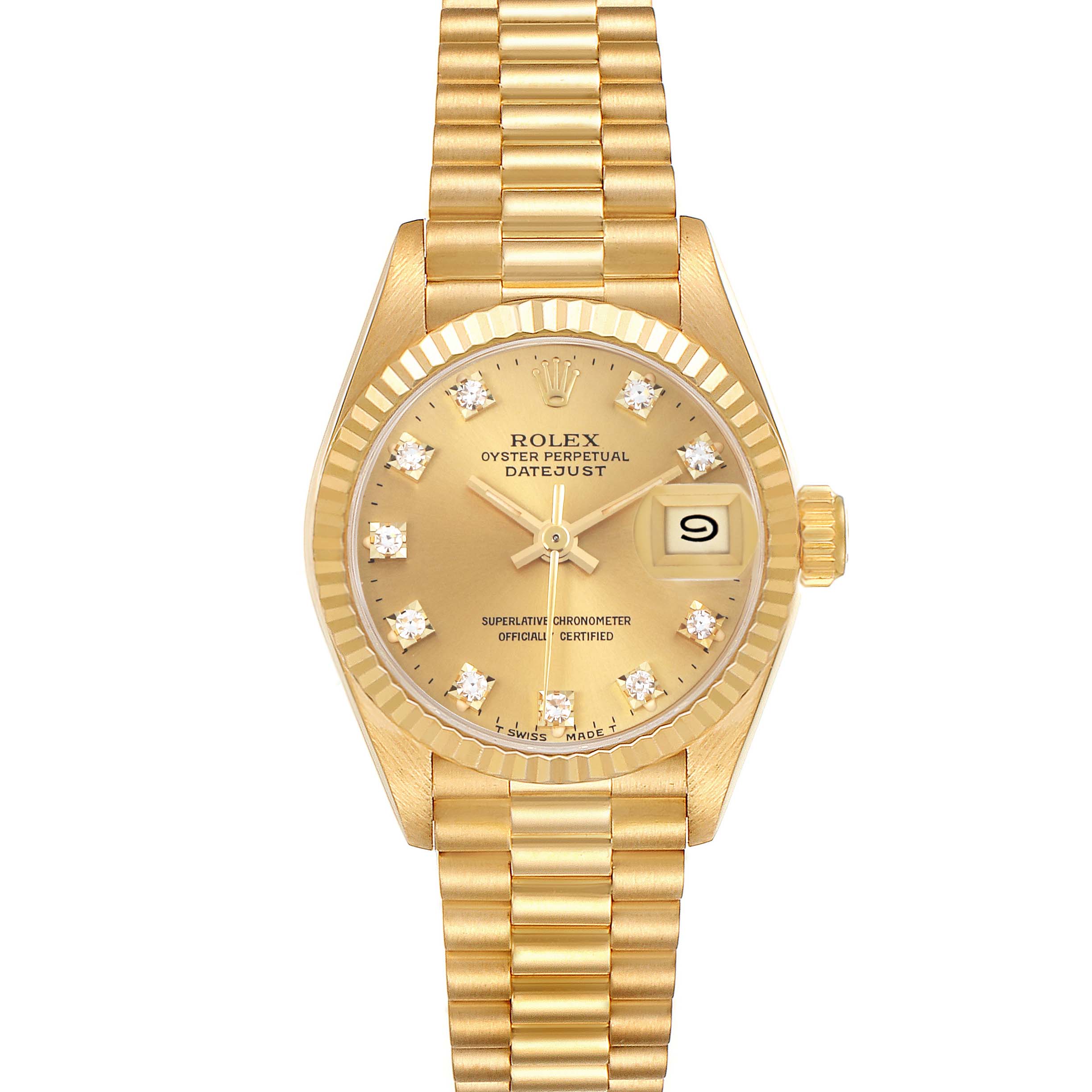 The image shows a frontal view of a Rolex President 69178 Women's Yellow Gold Champagne Dial 69178 Women's Yellow Gold Champagne Dial model watch, featuring its dial, fluted bezel, and President bracelet.