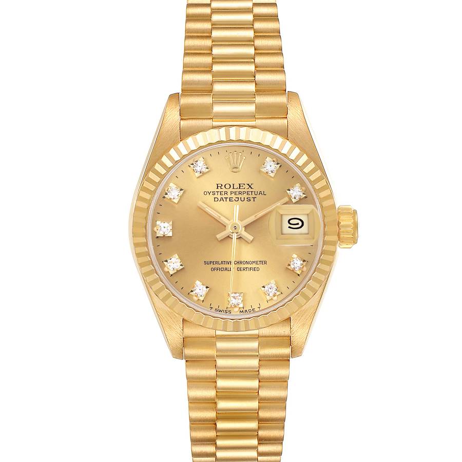 The image shows a frontal view of a Rolex President model watch, featuring its dial, fluted bezel, and President bracelet.