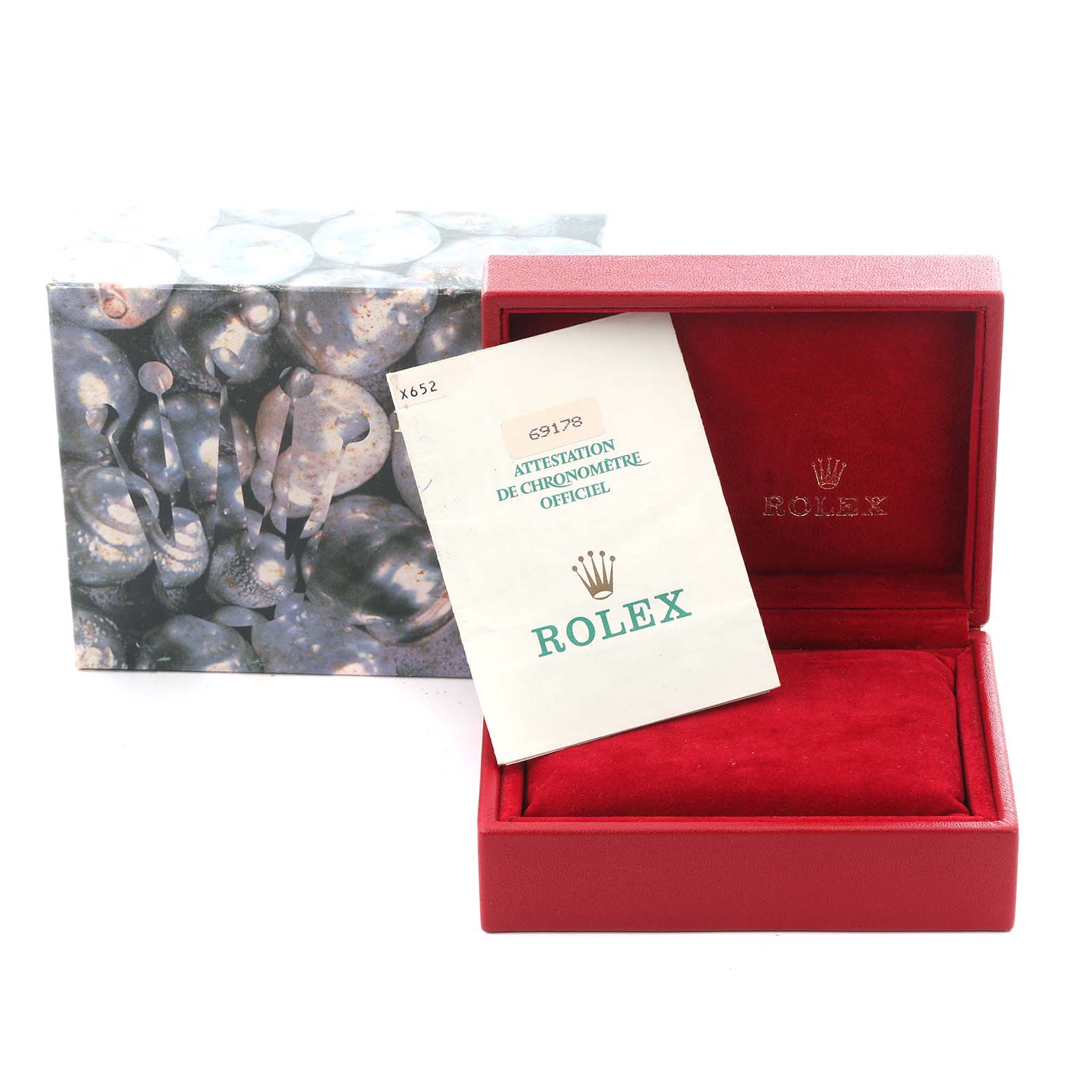 The image shows a Rolex President 69178 Women's Yellow Gold Champagne Dial 69178 Women's Yellow Gold Champagne Dial model watch box and certificate, viewed from the top.