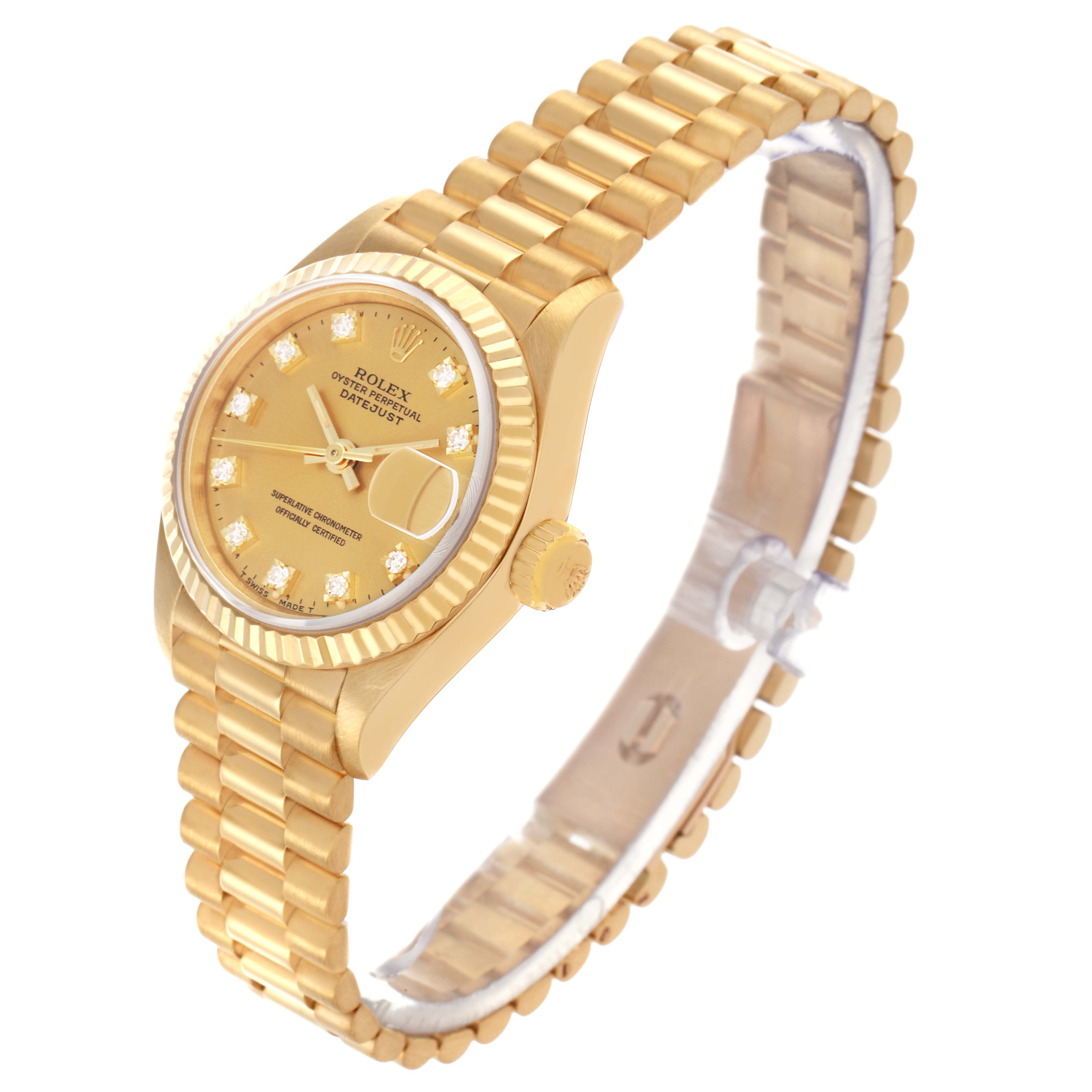 The Rolex President 69178 Women's Yellow Gold Champagne Dial 69178 Women's Yellow Gold Champagne Dial model is shown at a three-quarter angle highlighting the dial, bracelet, fluted bezel, and crown.