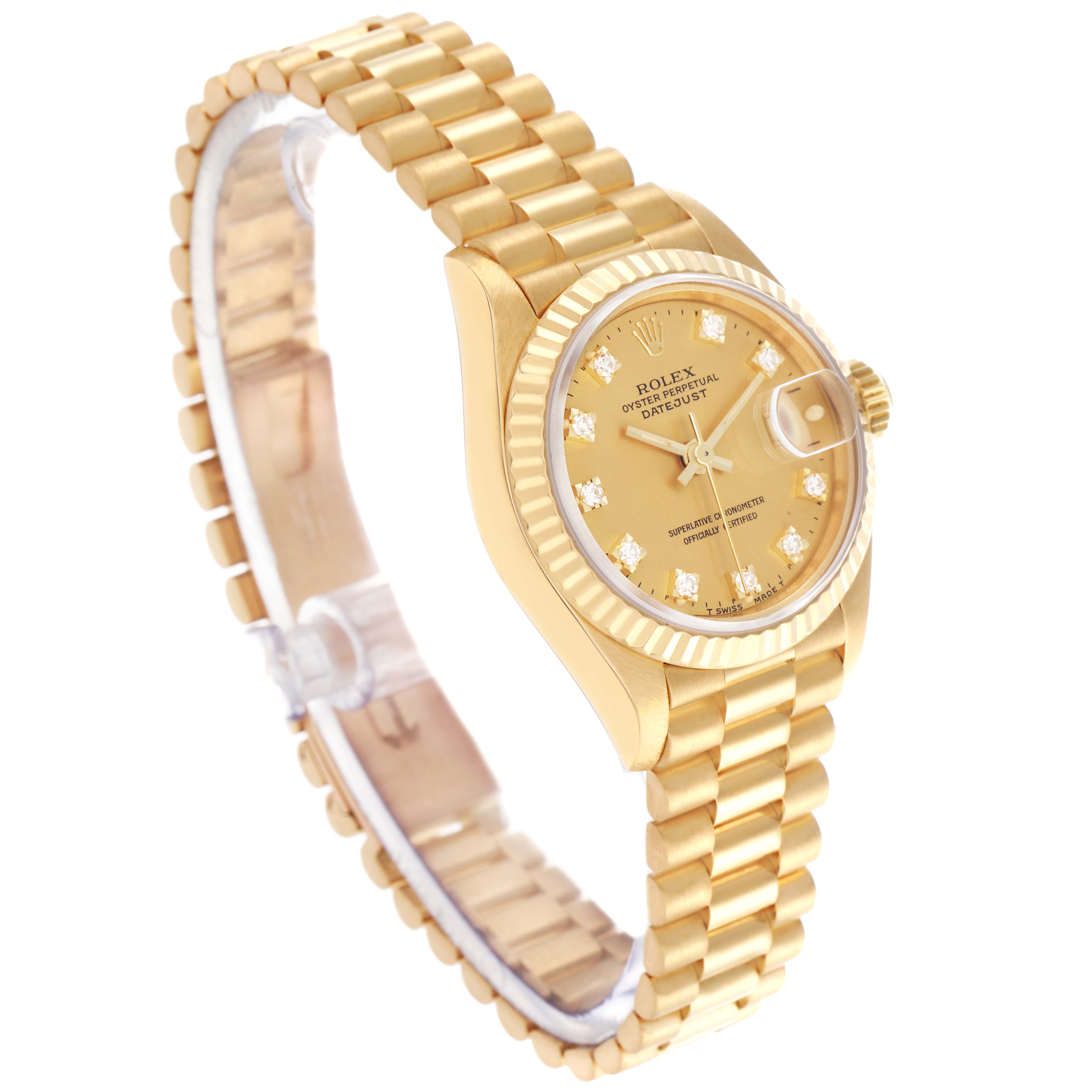 The Rolex President 69178 Women's Yellow Gold Champagne Dial 69178 Women's Yellow Gold Champagne Dial watch is shown at an angled side view, highlighting the bracelet, case, and diamond-accented dial.