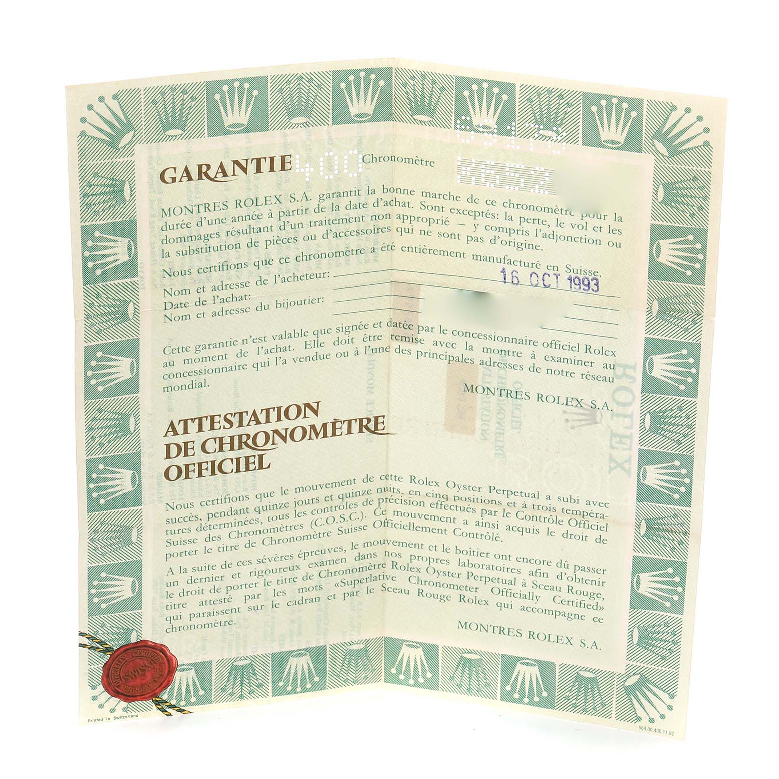 The image shows a warranty and chronometer certificate for a Rolex President 69178 Women's Yellow Gold Champagne Dial 69178 Women's Yellow Gold Champagne Dial watch, displayed at a three-quarter angle.