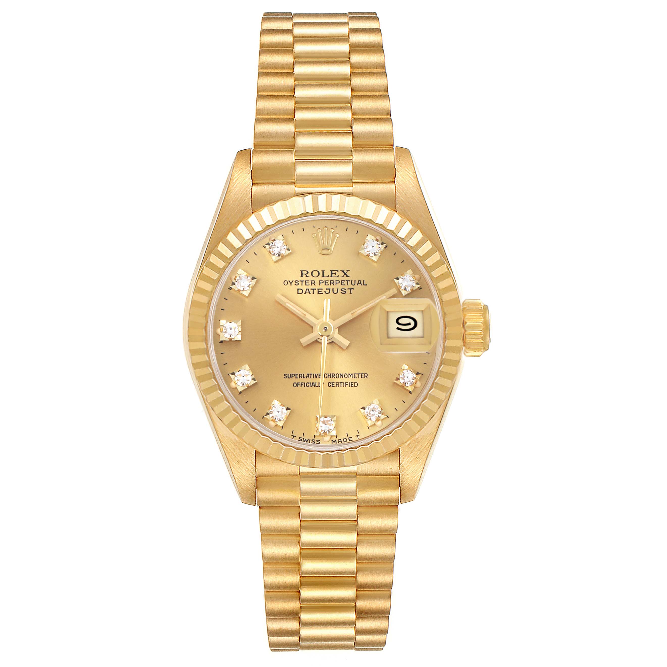 The Rolex President 69178 Women's Yellow Gold Champagne Dial 69178 Women's Yellow Gold Champagne Dial model is shown from the front, highlighting the gold bracelet, dial, fluted bezel, and date detail.