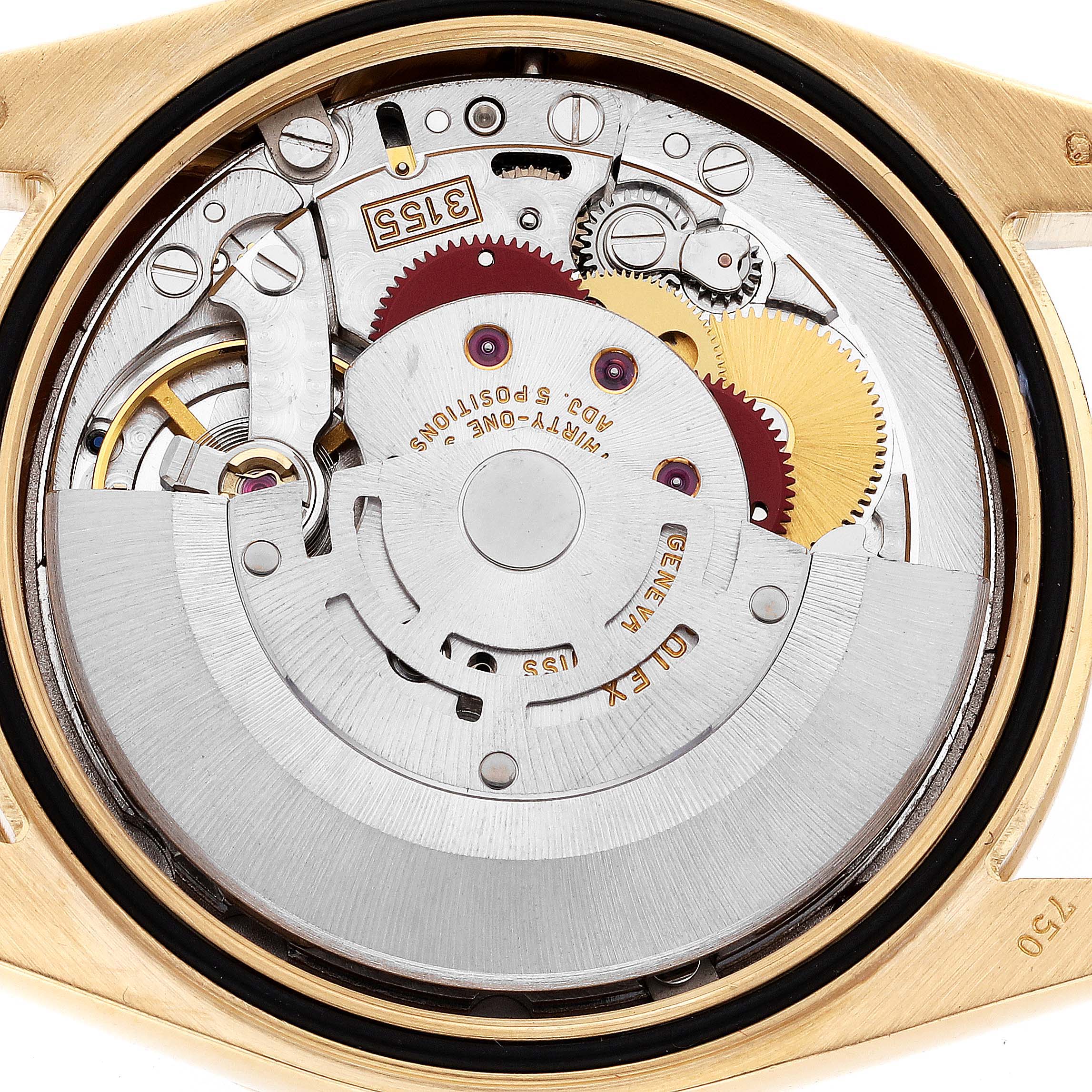 This image shows the internal mechanism of a Rolex President 118388 Men's Yellow Gold Green Dial 118388 Men's Yellow Gold Green Dial model watch from the back.