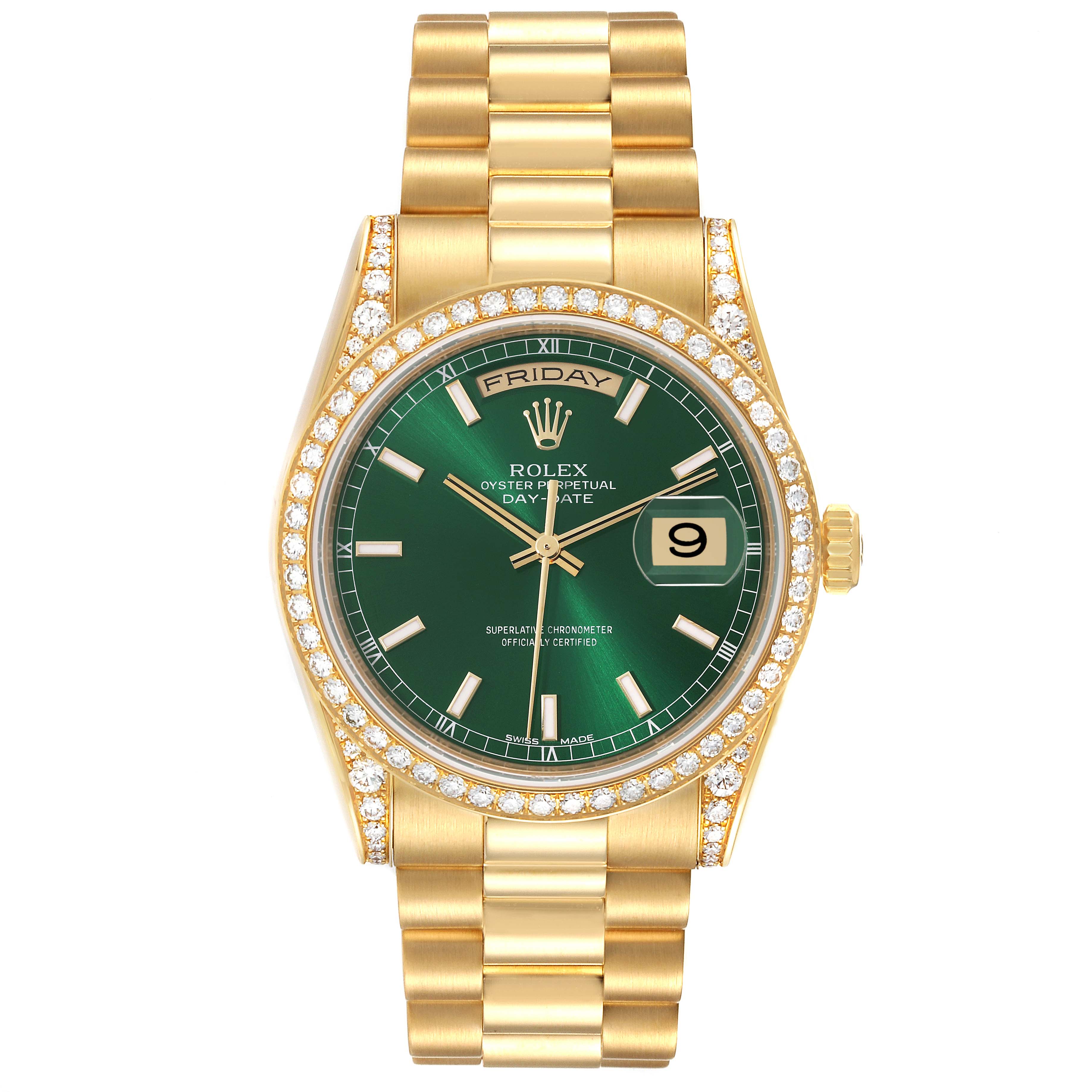 The Rolex President 118388 Men's Yellow Gold Green Dial 118388 Men's Yellow Gold Green Dial model watch is shown from a top view, highlighting its green dial, diamond bezel, and gold bracelet.