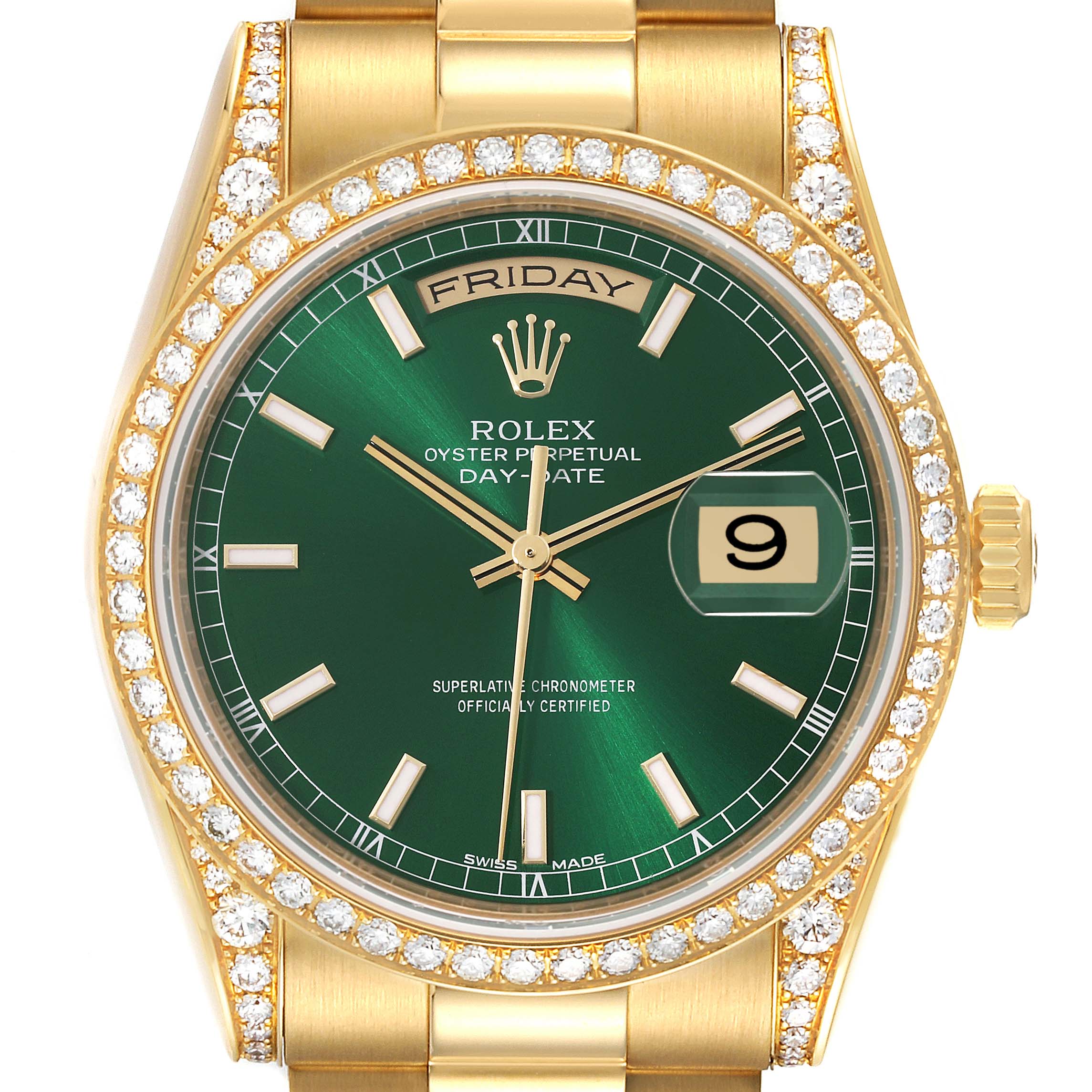 This Rolex President 118388 Men's Yellow Gold Green Dial 118388 Men's Yellow Gold Green Dial model watch is shown from the front, highlighting its green dial, diamond bezel, day, and date features.