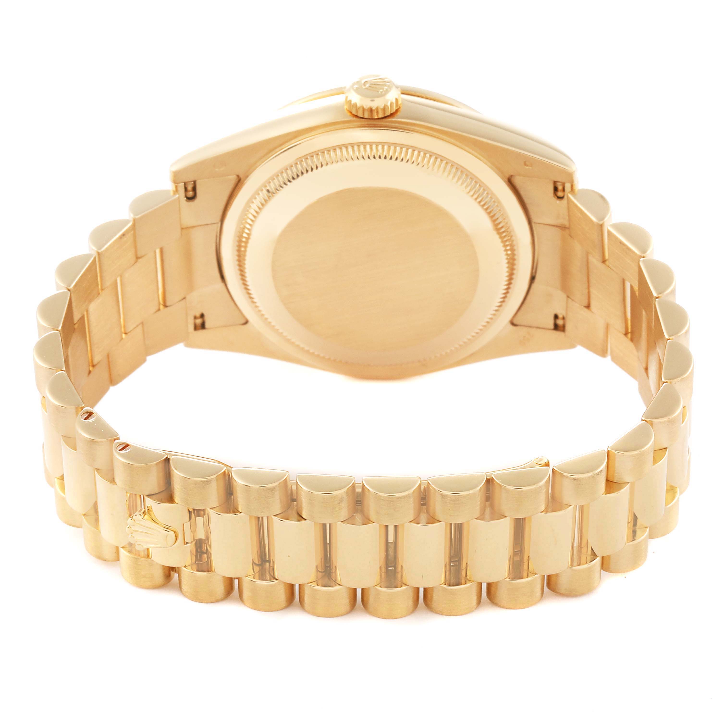 The image shows the back view of a Rolex President 118388 Men's Yellow Gold Green Dial 118388 Men's Yellow Gold Green Dial model, focusing on the case back and bracelet.