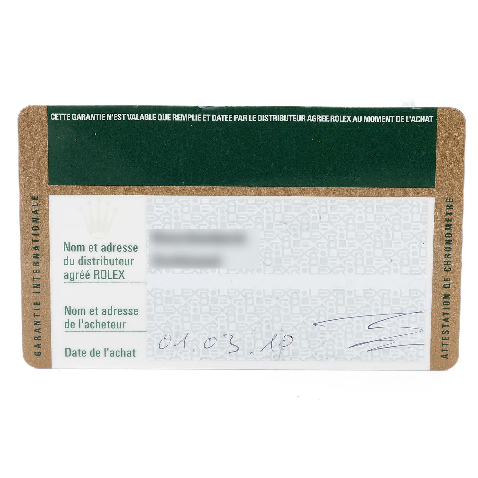 This image shows the warranty card for a Rolex President 118388 Men's Yellow Gold Green Dial 118388 Men's Yellow Gold Green Dial model watch.
