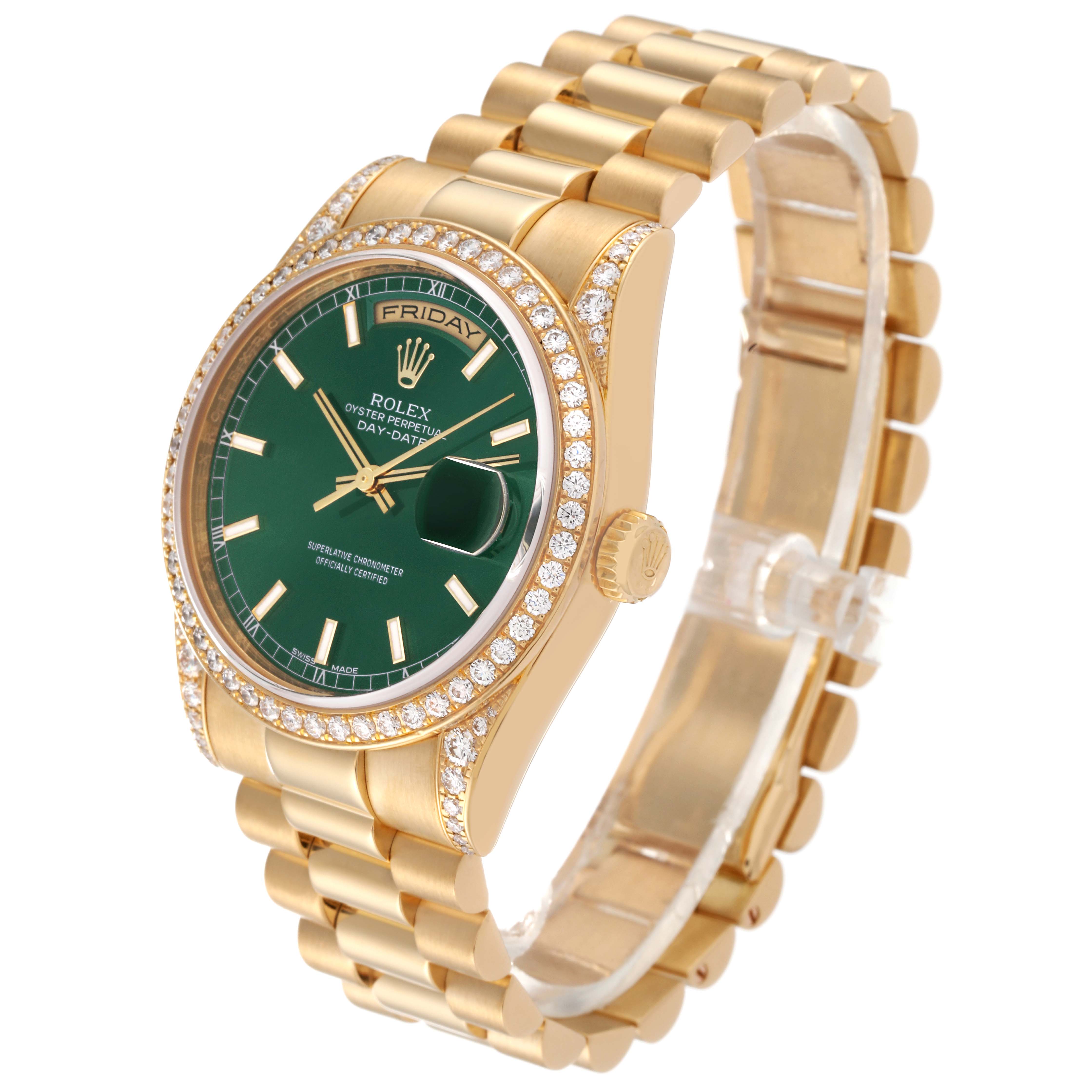 This Rolex President 118388 Men's Yellow Gold Green Dial 118388 Men's Yellow Gold Green Dial model watch is shown at an angle, highlighting the gold bracelet, green dial, and diamond bezel.