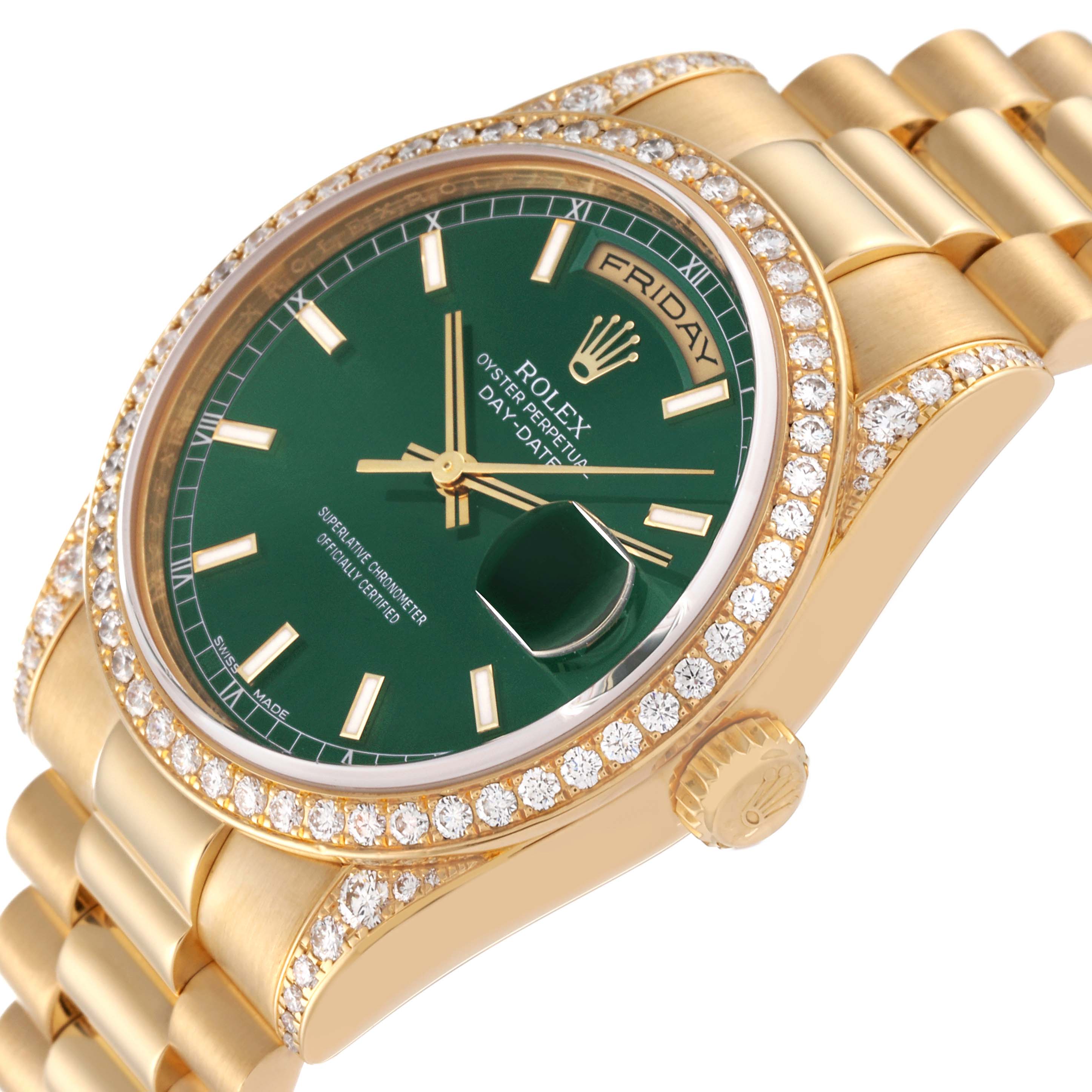 The image shows a close-up, angled view of a Rolex President 118388 Men's Yellow Gold Green Dial 118388 Men's Yellow Gold Green Dial watch, highlighting its green dial, diamond bezel, and gold bracelet.