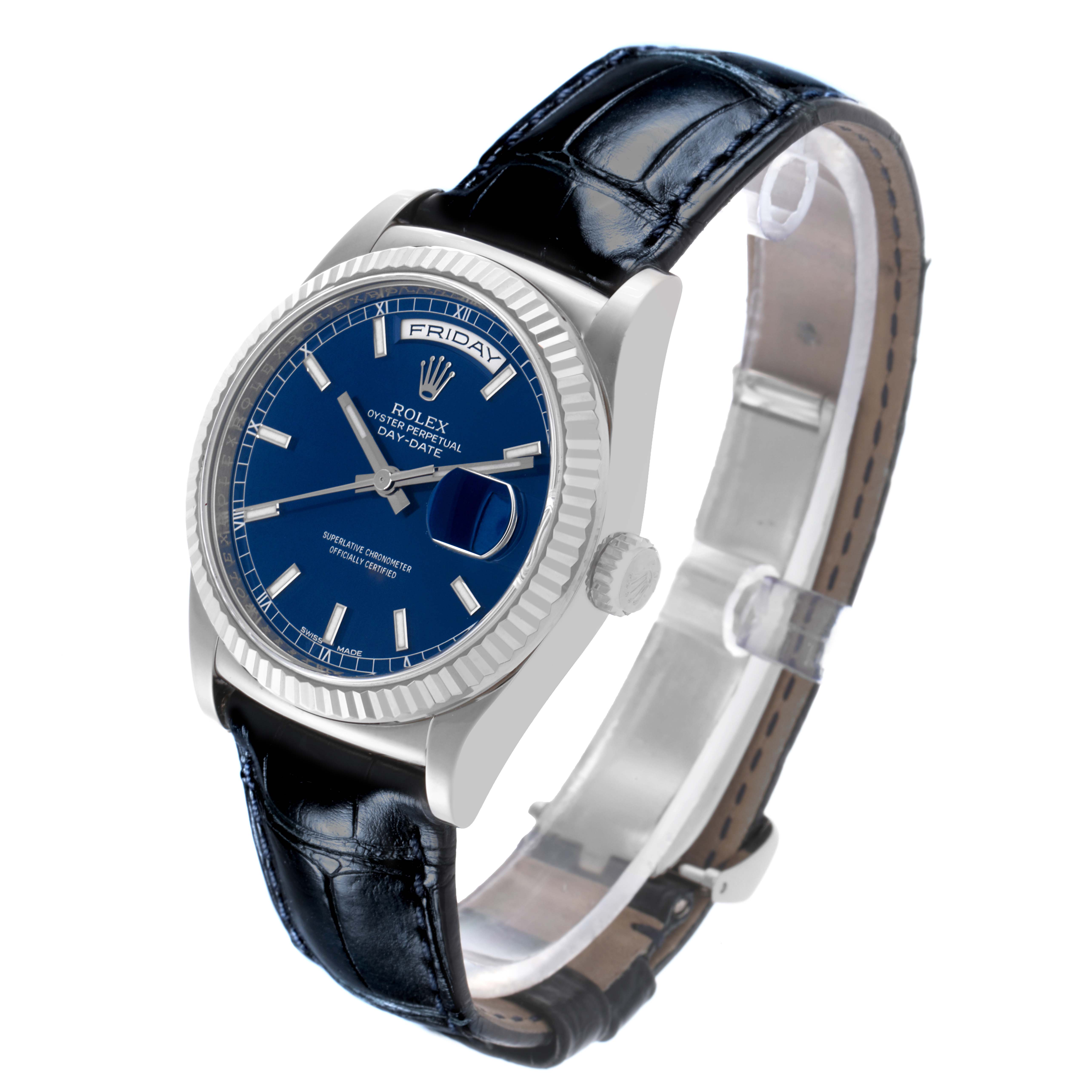 The Rolex President 118139 Men's White Gold Blue Dial 118139 Men's White Gold Blue Dial model is shown at a slight angle, highlighting the blue dial, fluted bezel, and leather strap.
