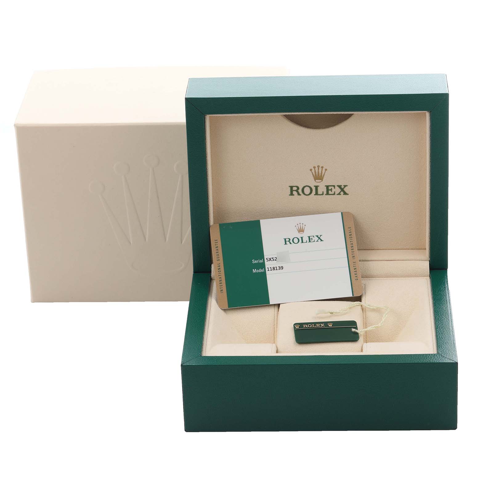 The image shows a Rolex President 118139 Men's White Gold Blue Dial 118139 Men's White Gold Blue Dial model box and authenticity card from a frontal angle, highlighting the packaging.