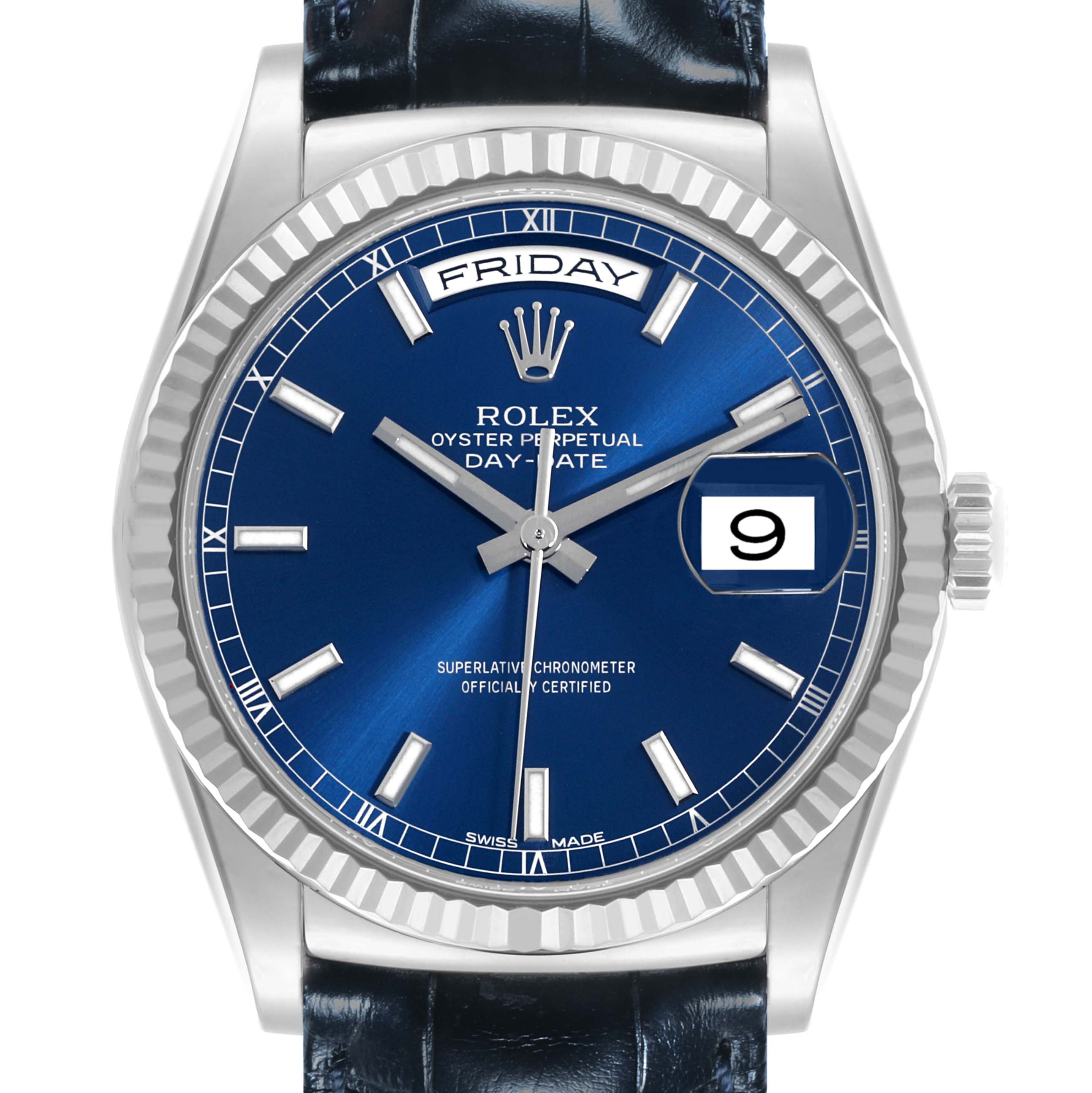 The Rolex President 118139 Men's White Gold Blue Dial 118139 Men's White Gold Blue Dial model watch is shown from the front, displaying its blue dial, day and date features, and fluted bezel.