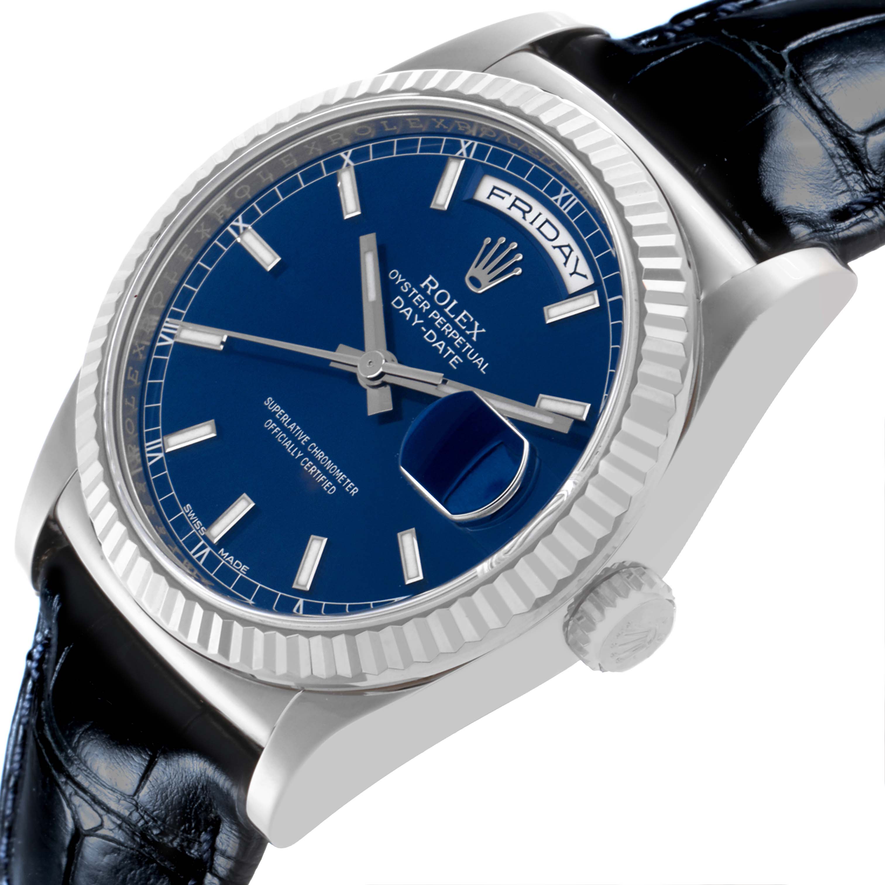 The Rolex President 118139 Men's White Gold Blue Dial 118139 Men's White Gold Blue Dial watch is shown at an angled side view, highlighting the dial, bezel, crown, and leather strap.