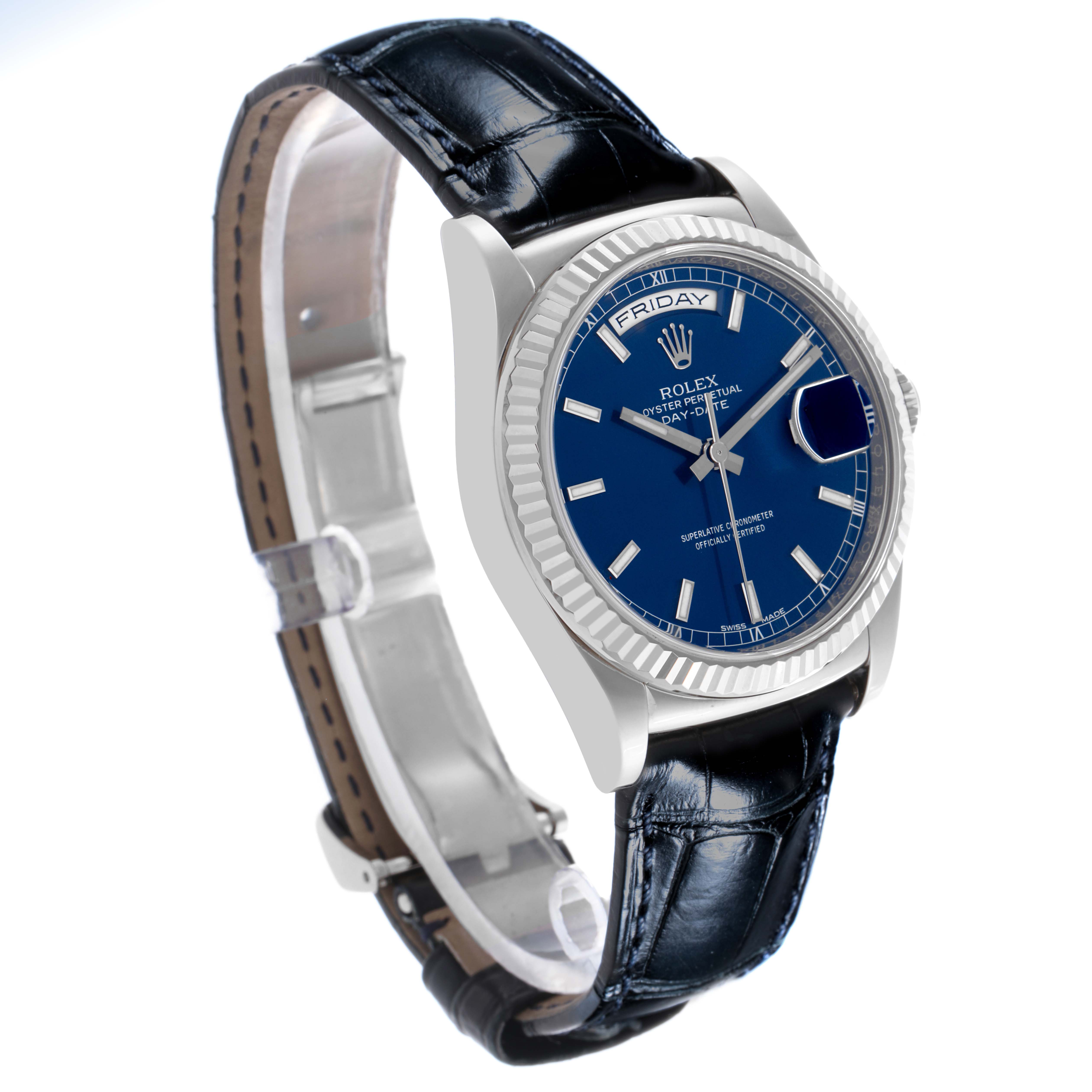 The image shows a Rolex President 118139 Men's White Gold Blue Dial 118139 Men's White Gold Blue Dial watch at a slight angle, highlighting its blue dial, fluted bezel, and leather strap.